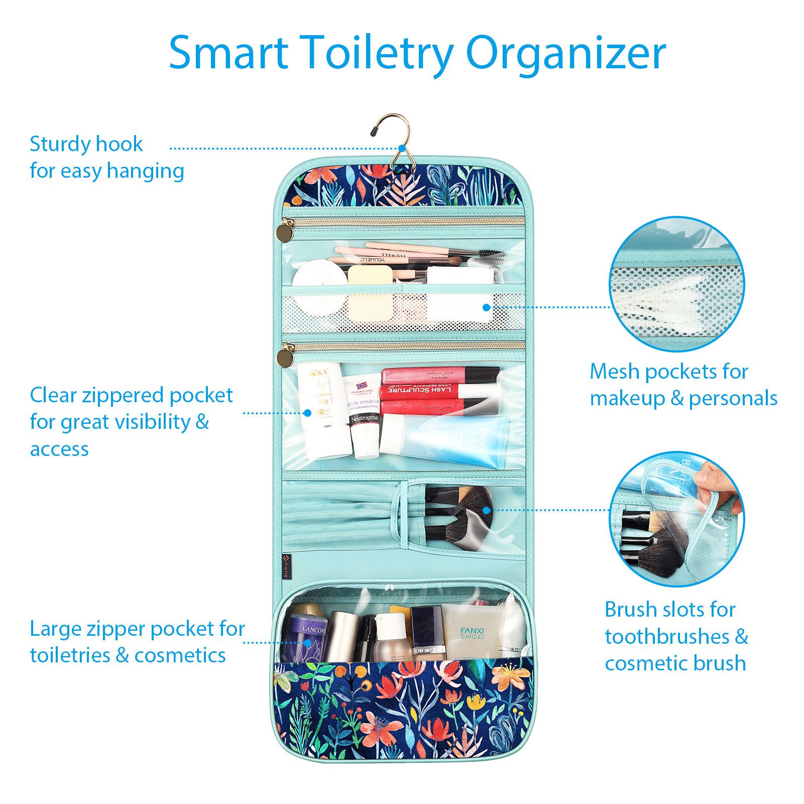 Fintie Kulturbeutel Tragbare Kulturtasche Kosmetiktasche Reisetasche, Große wasserdichte, Aufhängen Make-up Organizer Stauraum Tasche für Damen Mädchen