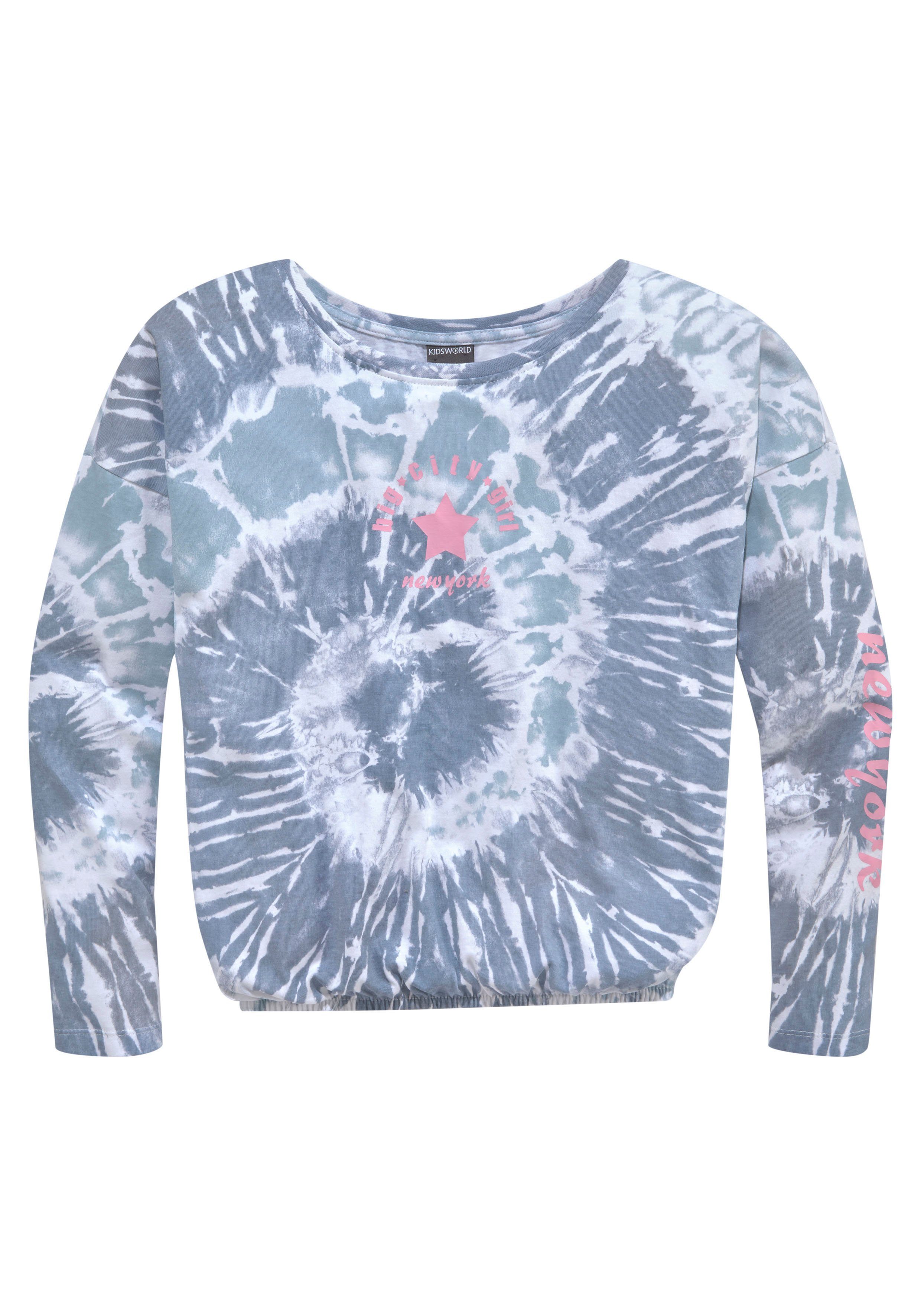 KIDSWORLD Fledermausshirt Batik-Optik Shirt Langarm, mit Gummizug am Saum, stylischer Aufdruck. Reduzierter Preis € 15,39. Unverbindliche Preisempfehlung € 21,99, (€ 15,39 pro 1 Stk)