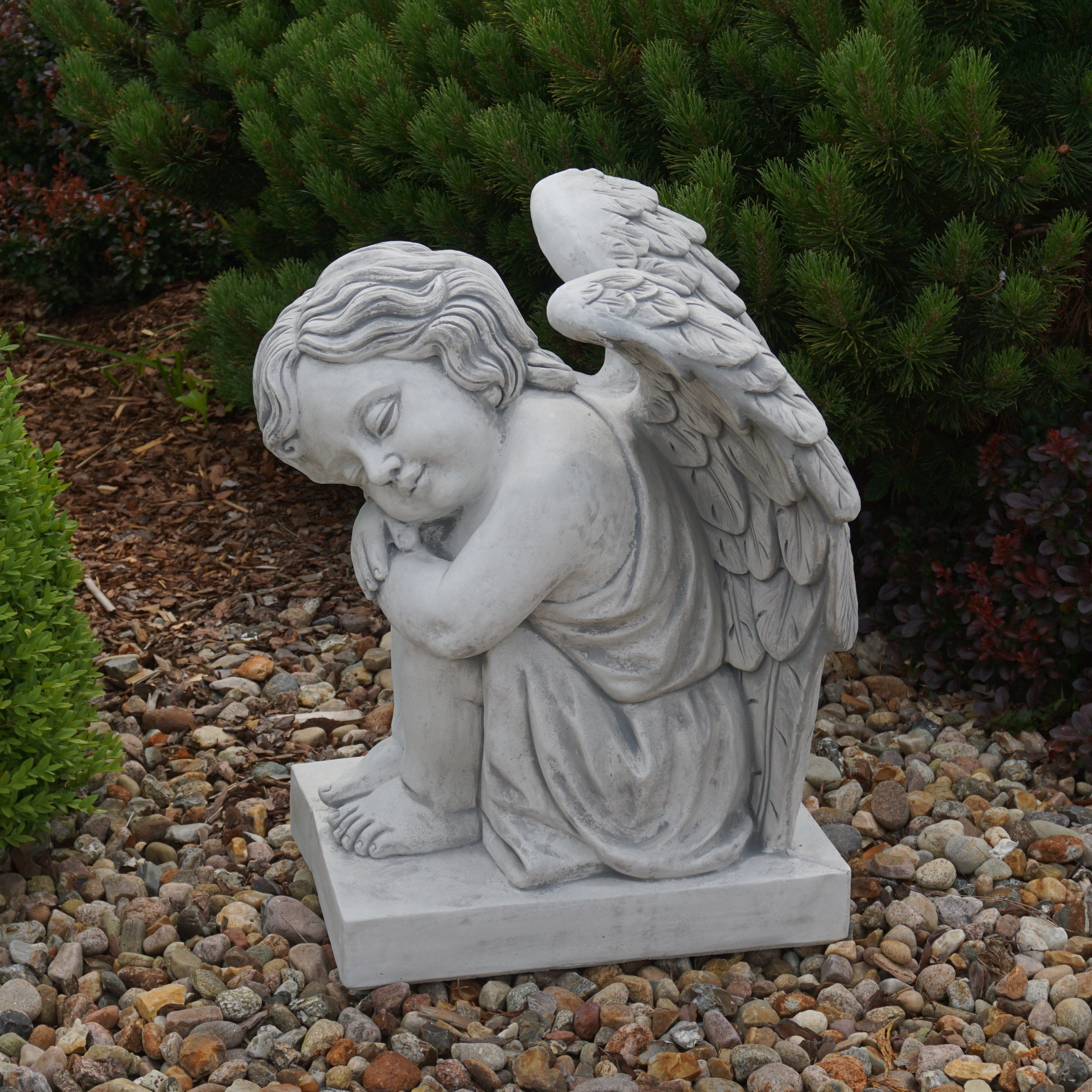 gartendekoparadies.de Gartenfigur Statue Engel auf Sockelplatte, Steinfigur H. 58 cm, 91 kg, Frostsicher