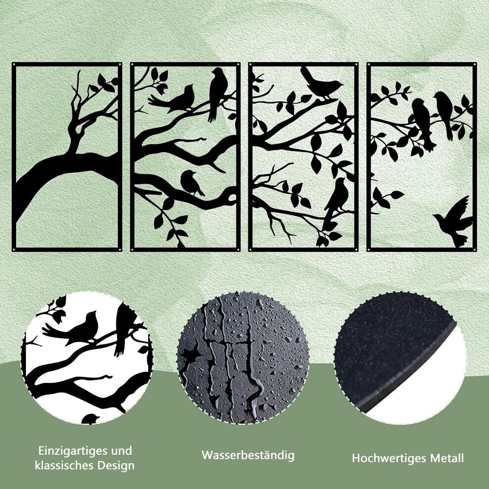 TUWENA Wanddekoobjekt 4 Stück Metall-Vögel und Zweig-Wandkunst, Hängende Metall-Wandkunst