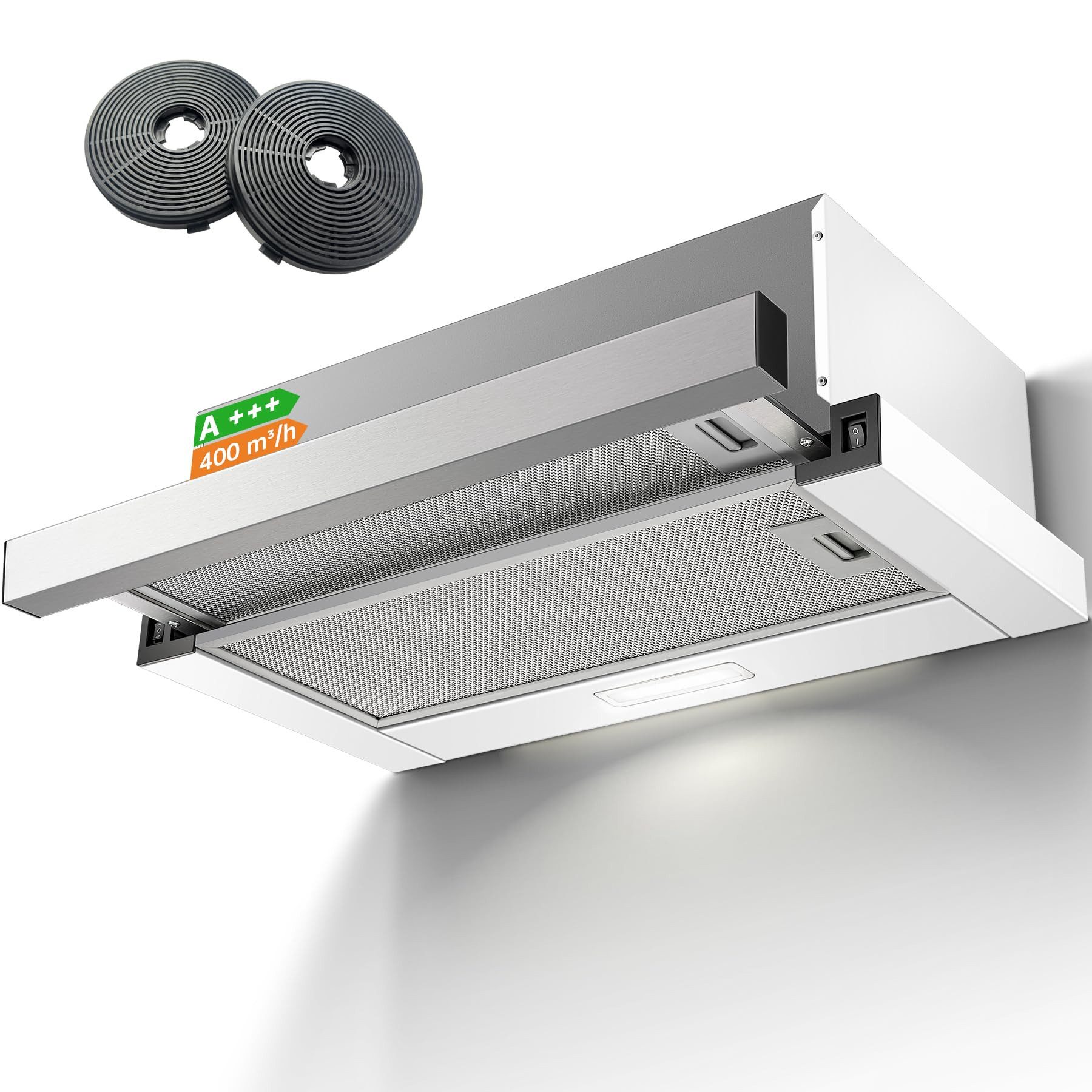 SNDOAS Kopffreihaube 60 cm Teleskop-Flachschirm-Dunstabzugshaube, Abluft & Umluft 400 m³/h, A+++, 2 Stufen, LED, 5-lagige Alu- & 2 Aktivkohlefilter