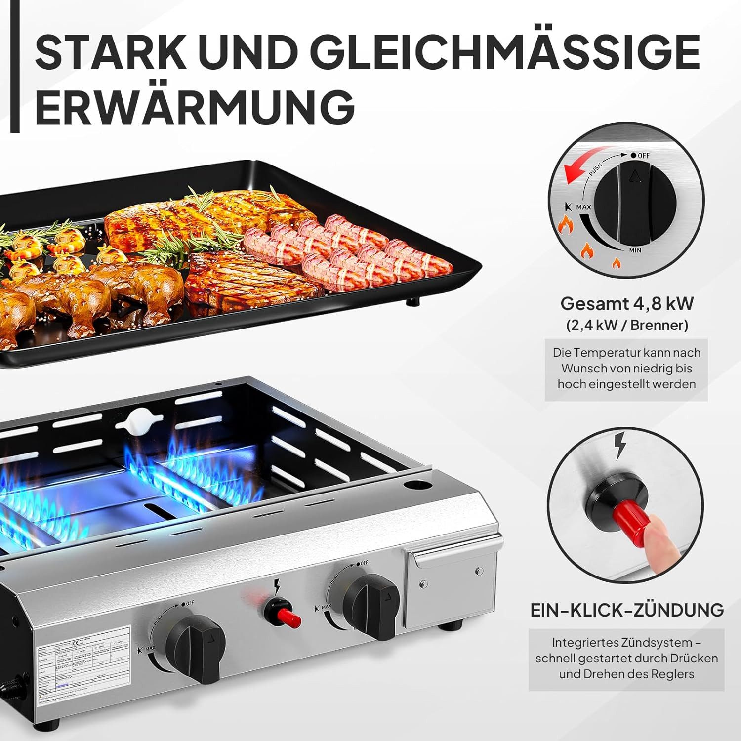 LALAHO Gasgrill Tischgasgrill mit 2 Brennern, Gas grill Camping 5.86 kW, Emaillierter Antihaft-Grillplatte & Ein-Klick-Zündung für Camping – Bild 2 von 5