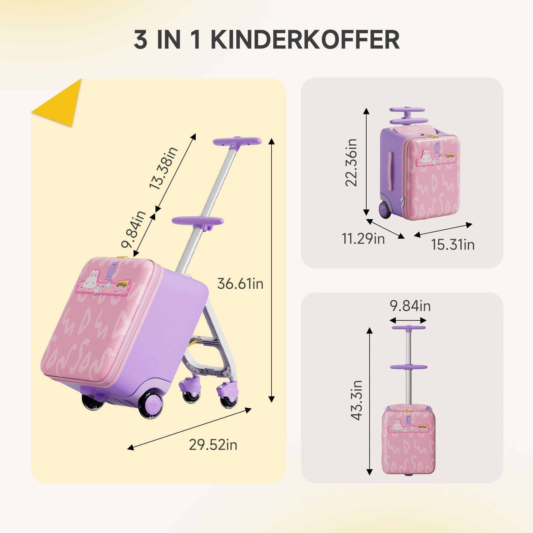 Jovikids Kinderkoffer 3-in-1-Reisekoffer mit Universalrollen & Armlehnen, 4 Rollen, für Kinder ab 3 Jahren, 38L großer Handgepäck-Trolley