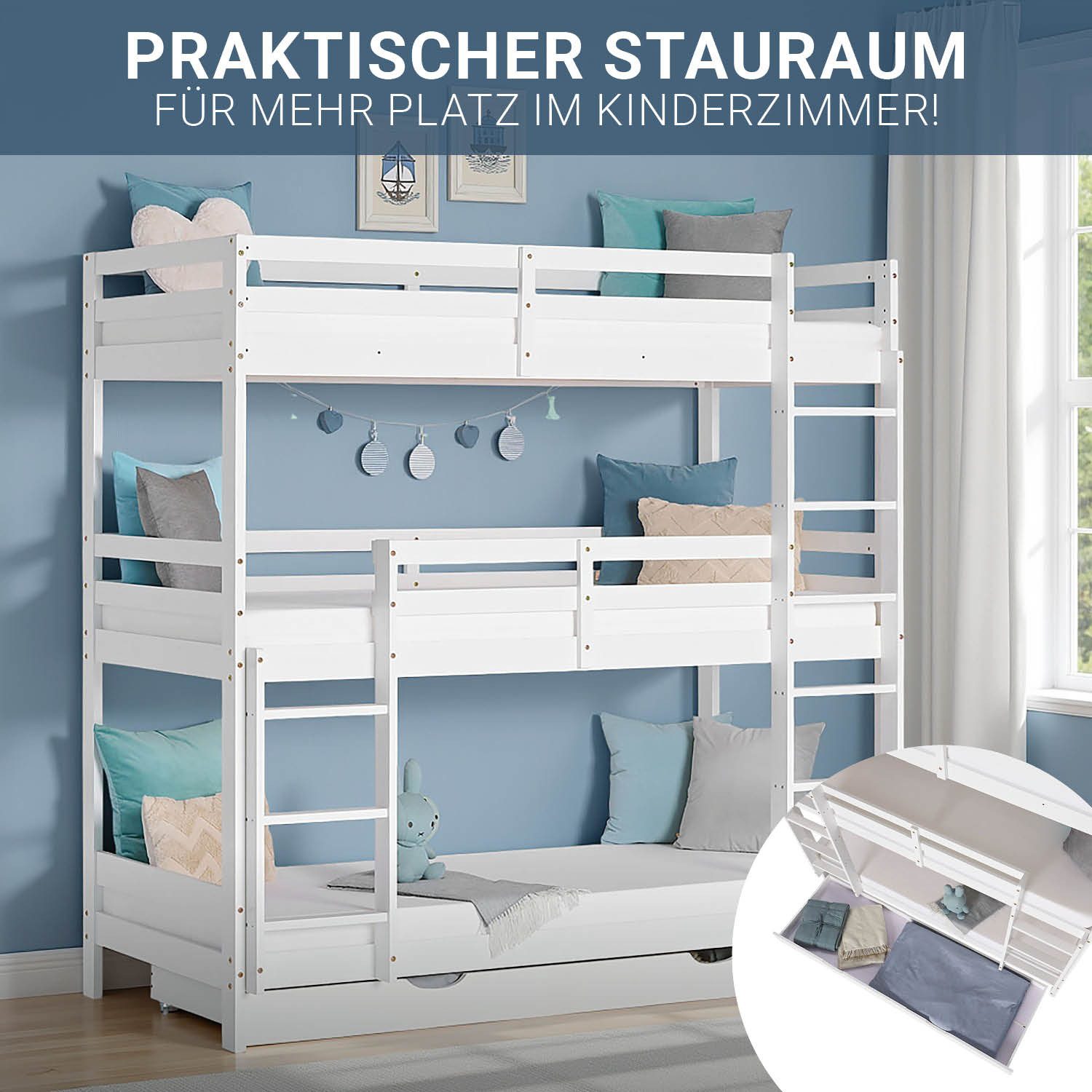 Homestyle4u Bunk Bed 90x200 Loft Bed for 3 People Triple Bed White Stairs 2 3 Children (Set, with slatted base and 1x bed box/drawer), 2 meters high, with 2 ladders, storage space, fall protection