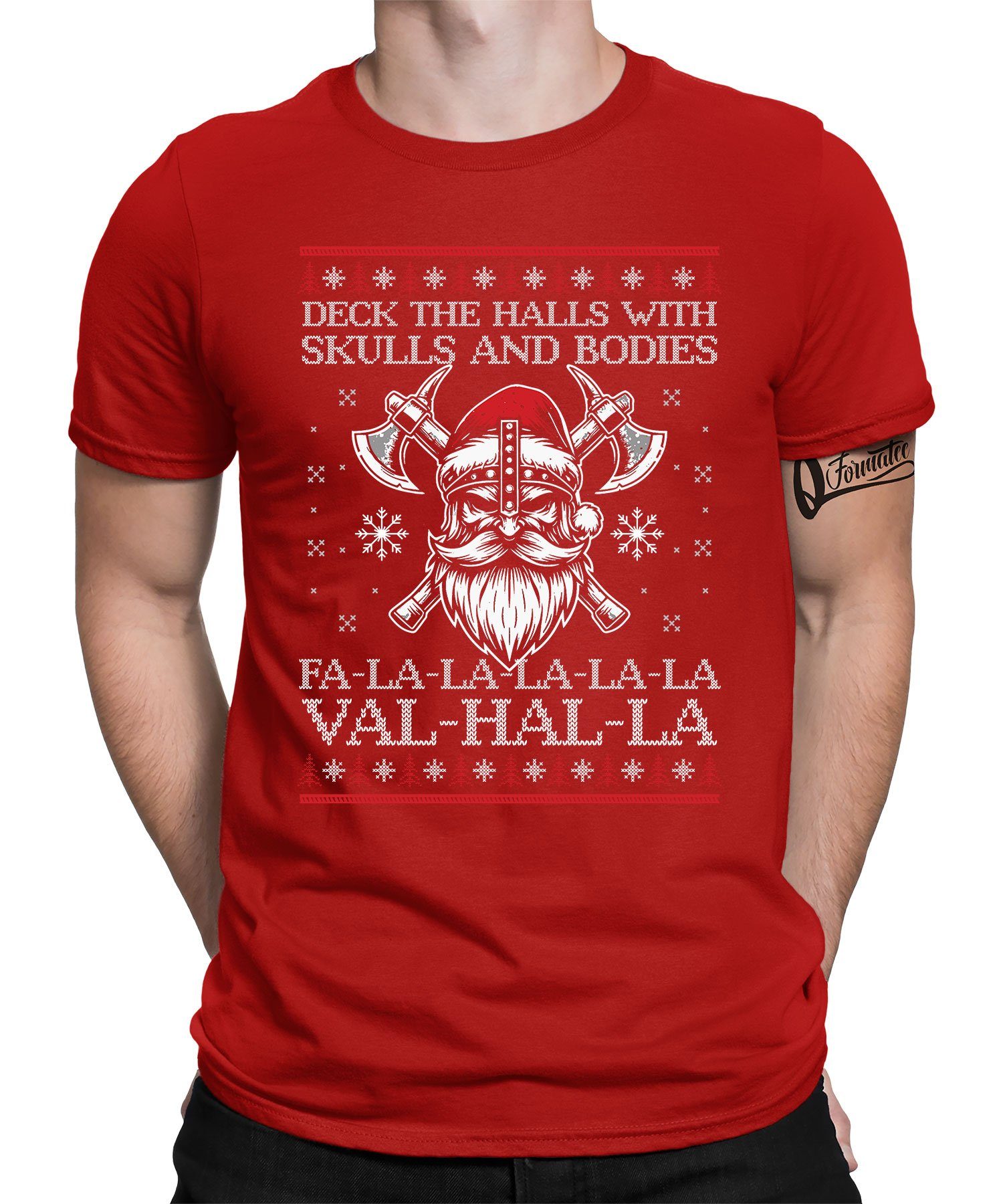 Quattro Formatee Kurzarmshirt Fa-La-La-La Valhalla Wikinger Skulls - Weihnachten X-mas Weihnachtsges (1-tlg) Rot