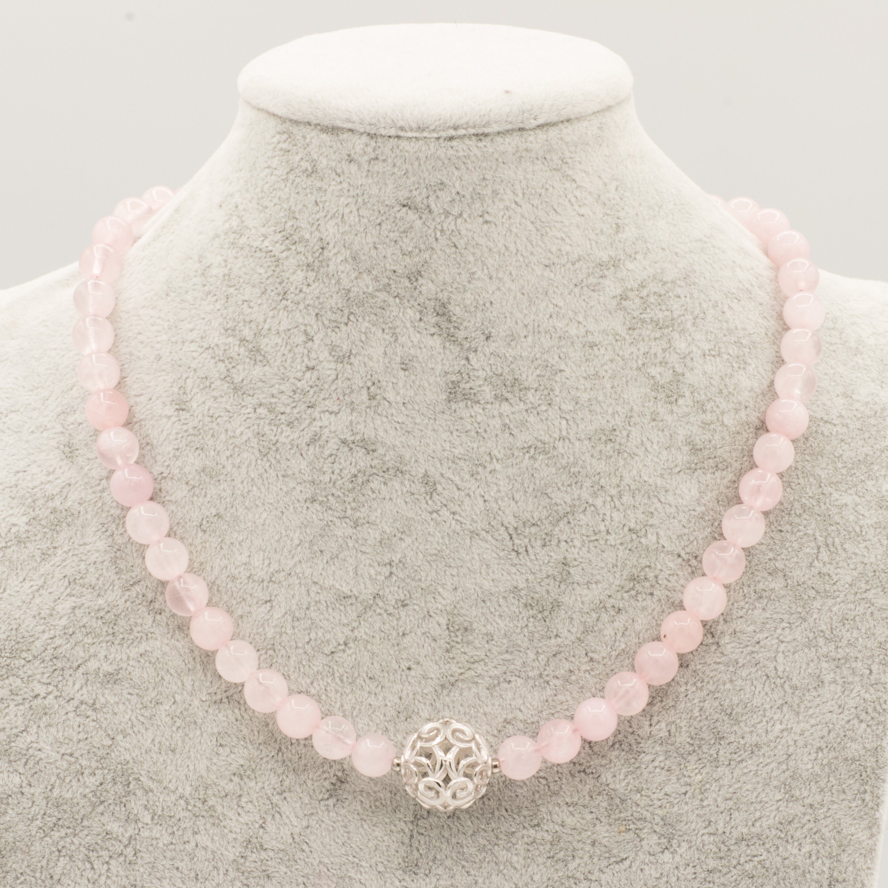 Bella Carina Perlenkette Kette mit Rosenquarz und großer 925 Silber Perle,  mit 1,8 cm großen Perle aus 925 Silber