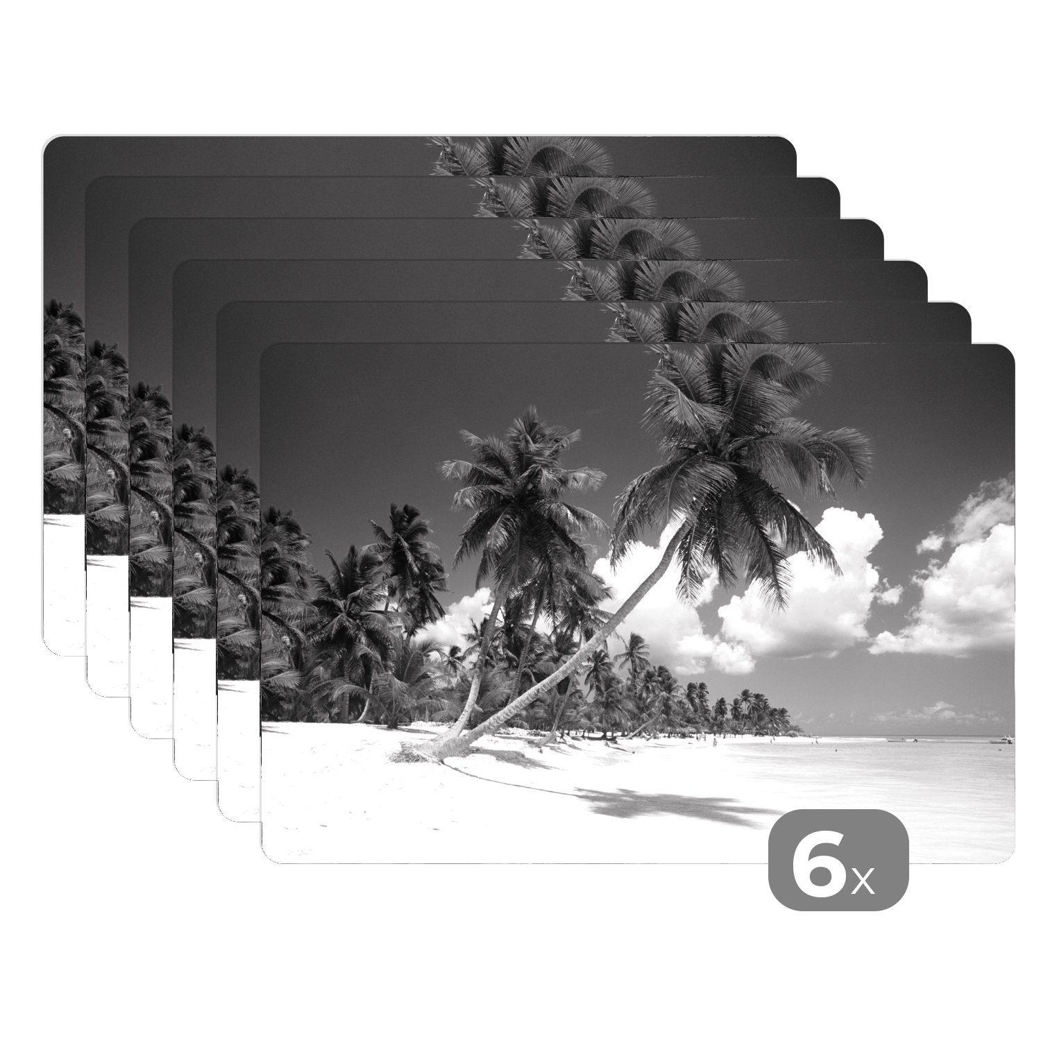 Platzset, Eine Palme am Strand hängt über dem Meer - schwarz und weiß, MuchoWow, (6-St), Platzset, Platzdecken, Platzmatte, Tischmatten, Schmutzabweisend