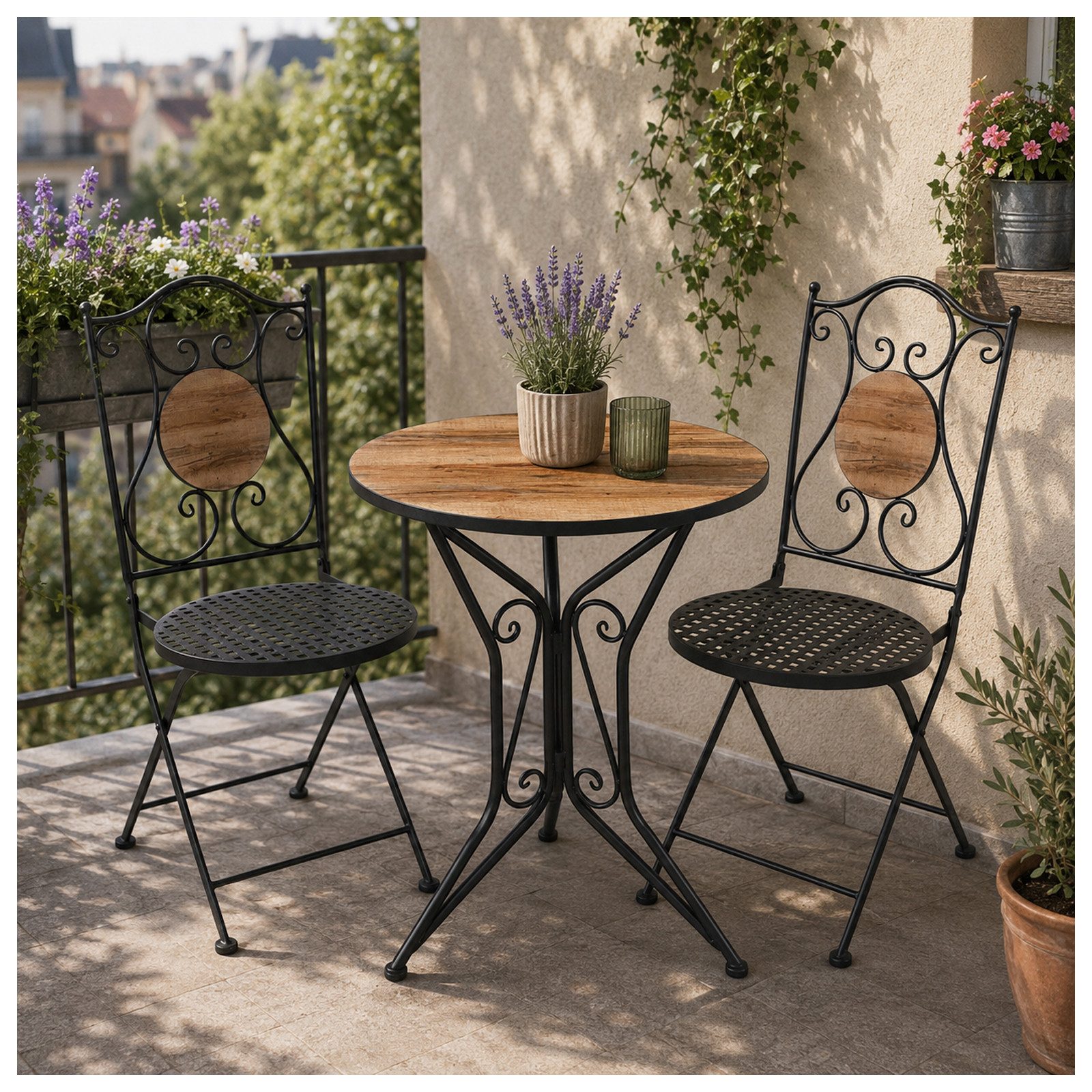 HTI-Living Garten-Essgruppe Sitzgruppe Metall Bistro Set mit Motiv Holz für Balkon und Terrasse, (Set, 3-tlg., 1 Tisch 2 Stühle), Sitzgruppe Essgruppe Balkonset