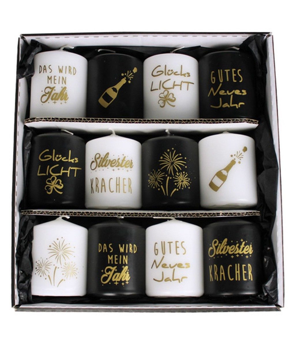 INNA-Glas Stumpenkerze Silvester Kerzen OVILA, 12 Stück, schwarz-weiß-gold, 8 cm, Ø6 cm