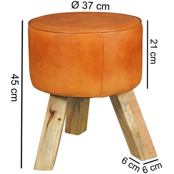 FINEBUY Sitzhocker FB45553 (Echtleder 37x45x37 cm Modern, Fußhocker Rund), Turnbock Lederhocker Holzbeine, Kleiner Hocker