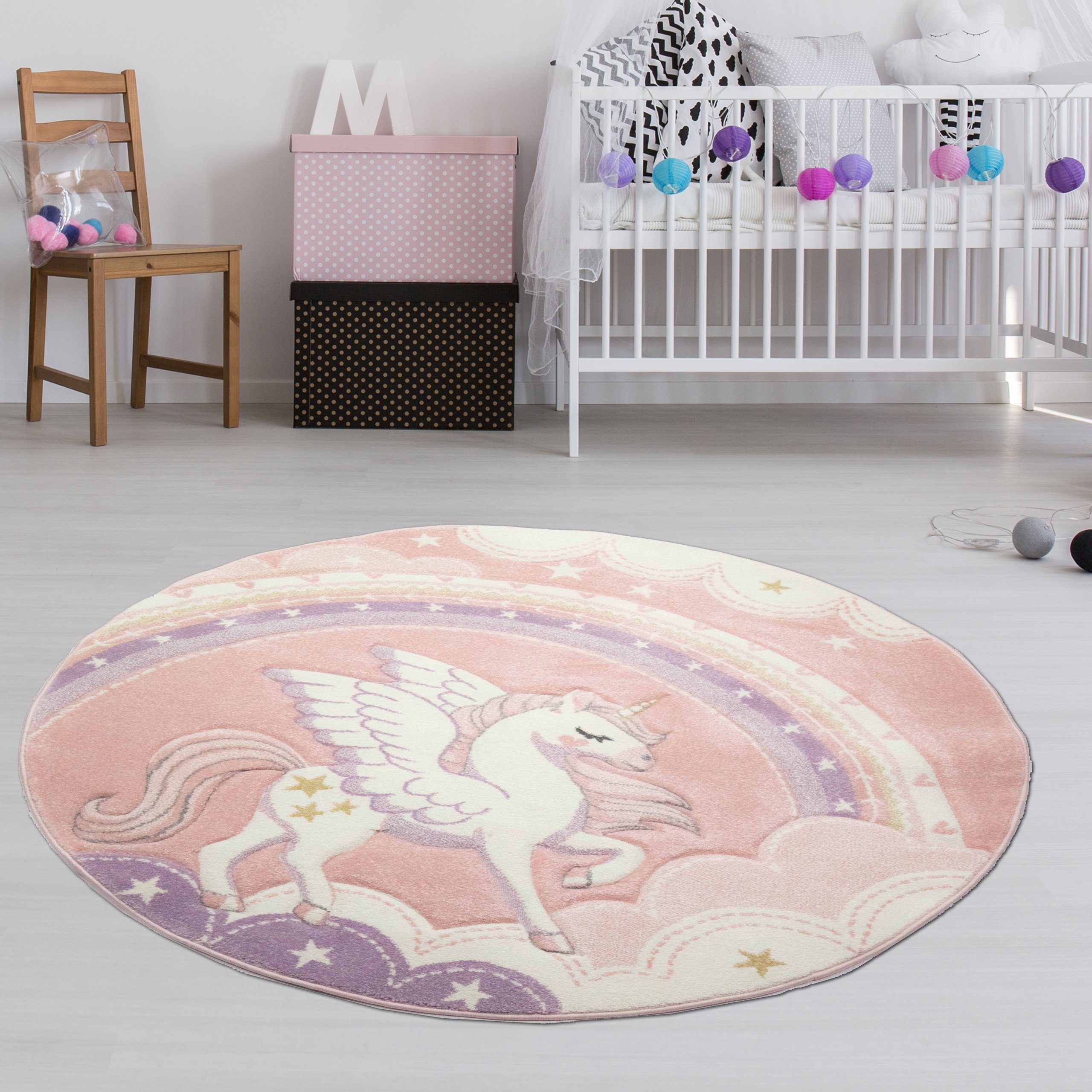 TeppichHome24 Kinderteppich Kinderzimmer Teppich Einhorn Regenbogen creme rosa, Rund, Höhe: 13 mm