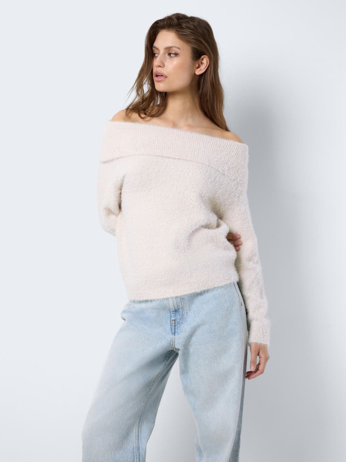 Noisy may Longpullover Strickpullover Schulterfrei Langarm Bequem für Regular Fit Rundhals unifarben atmungsaktiv Ohne Verschluss
