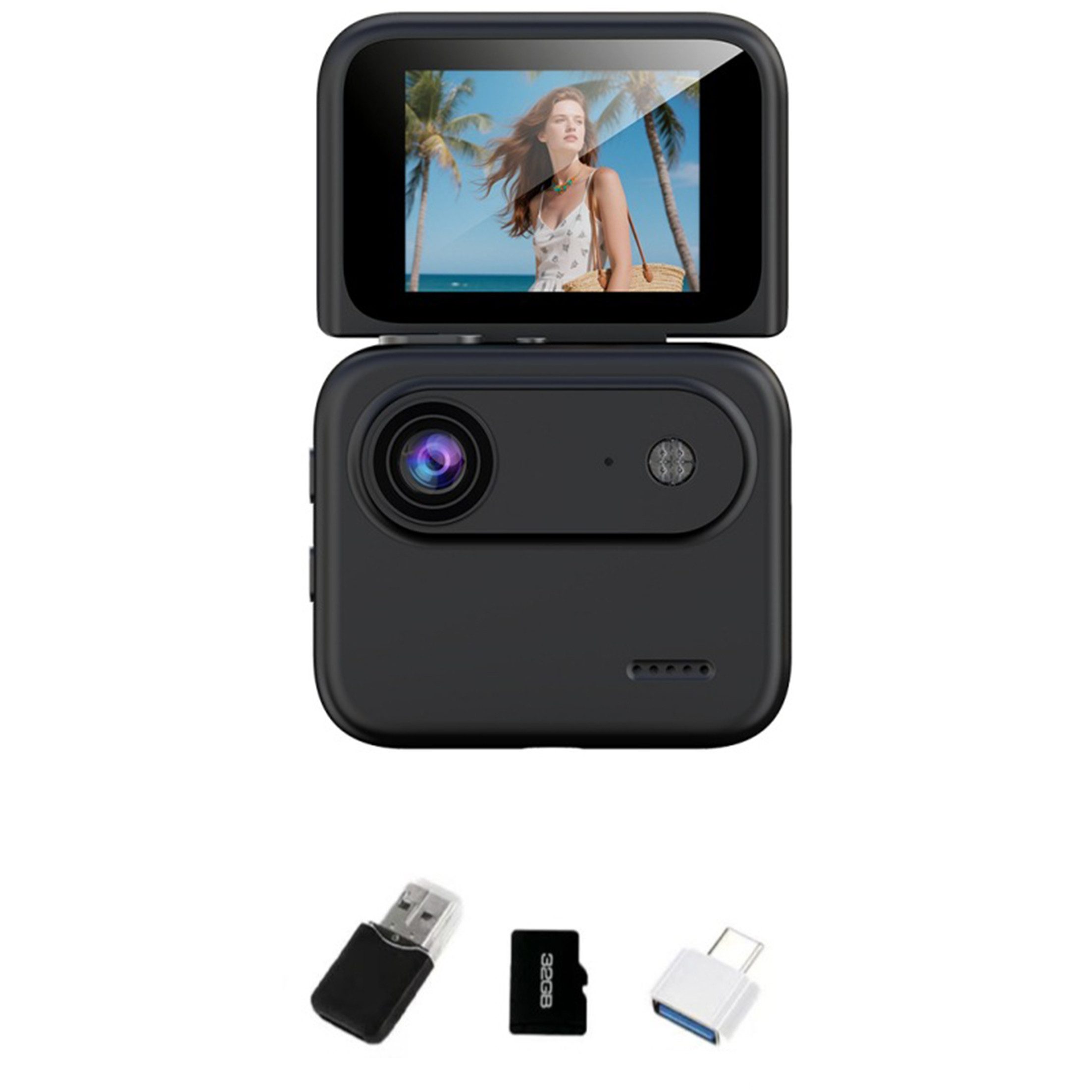 KINSI Action-Kamera 4K,Mini Sportkamera mit 2,0" Flip-Display,mit 32GB Kompaktkamera (143° Weitwinkel, Stabilisierung)