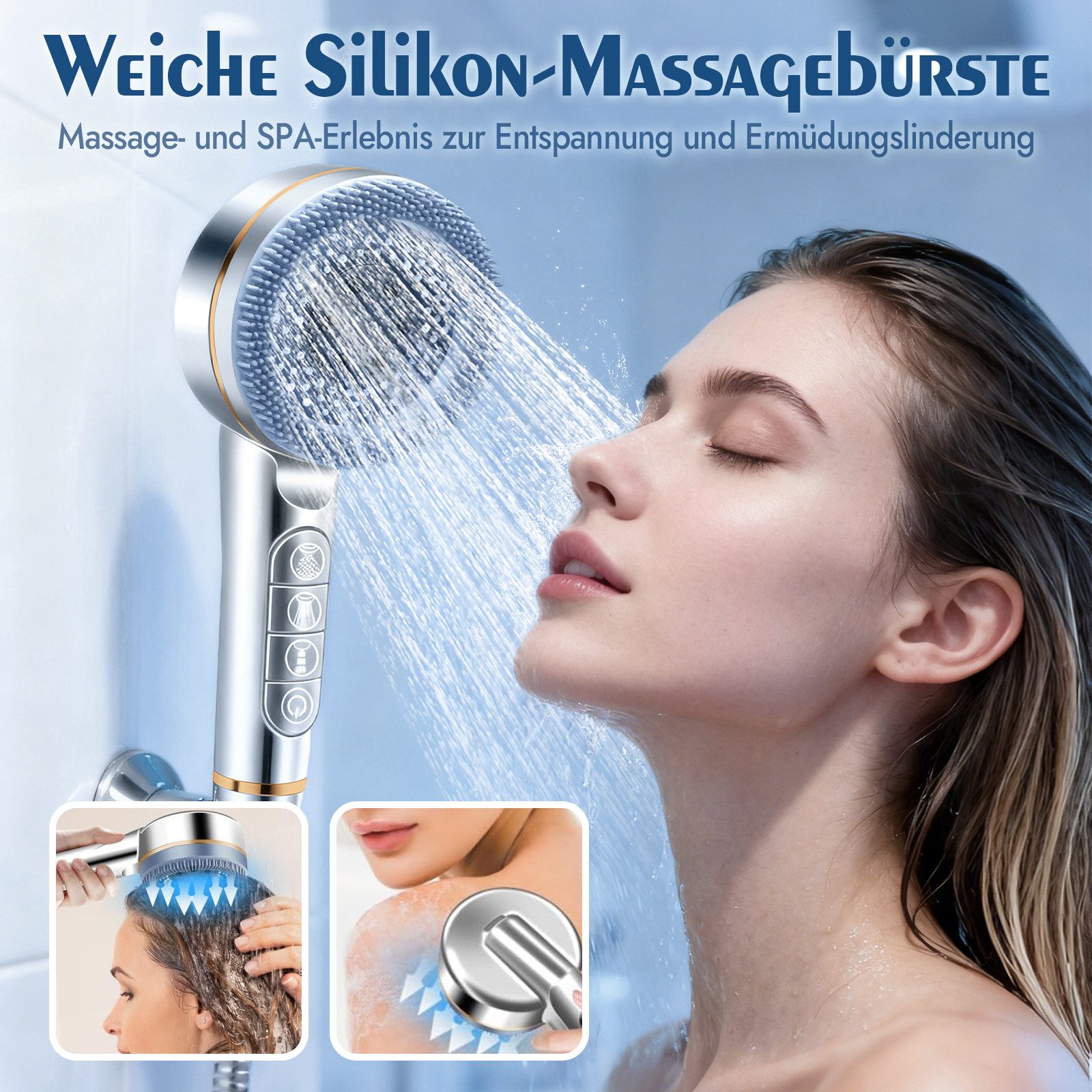 ANYSUN Handbrause Duschkopf mit Schlauch, Filter und Halterung ohne bohren, Wassersparender Handbrause Hochdruck, Duschkopf mit 4 Strahlarten