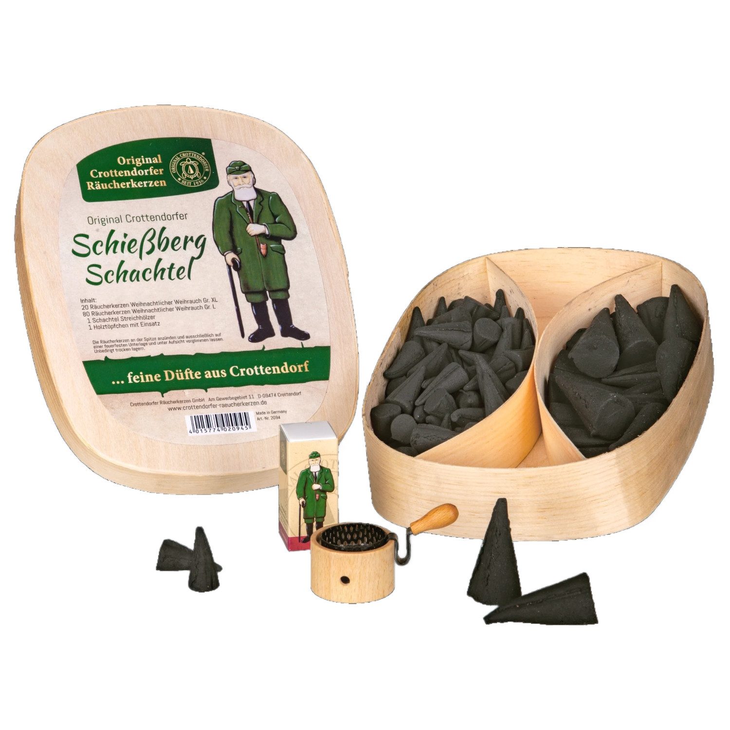 Crottendorfer Räucherkegel Räucherkerzen Geschenkset Spanschachtel Schießberg-Schachtel, 100% Made in Germany