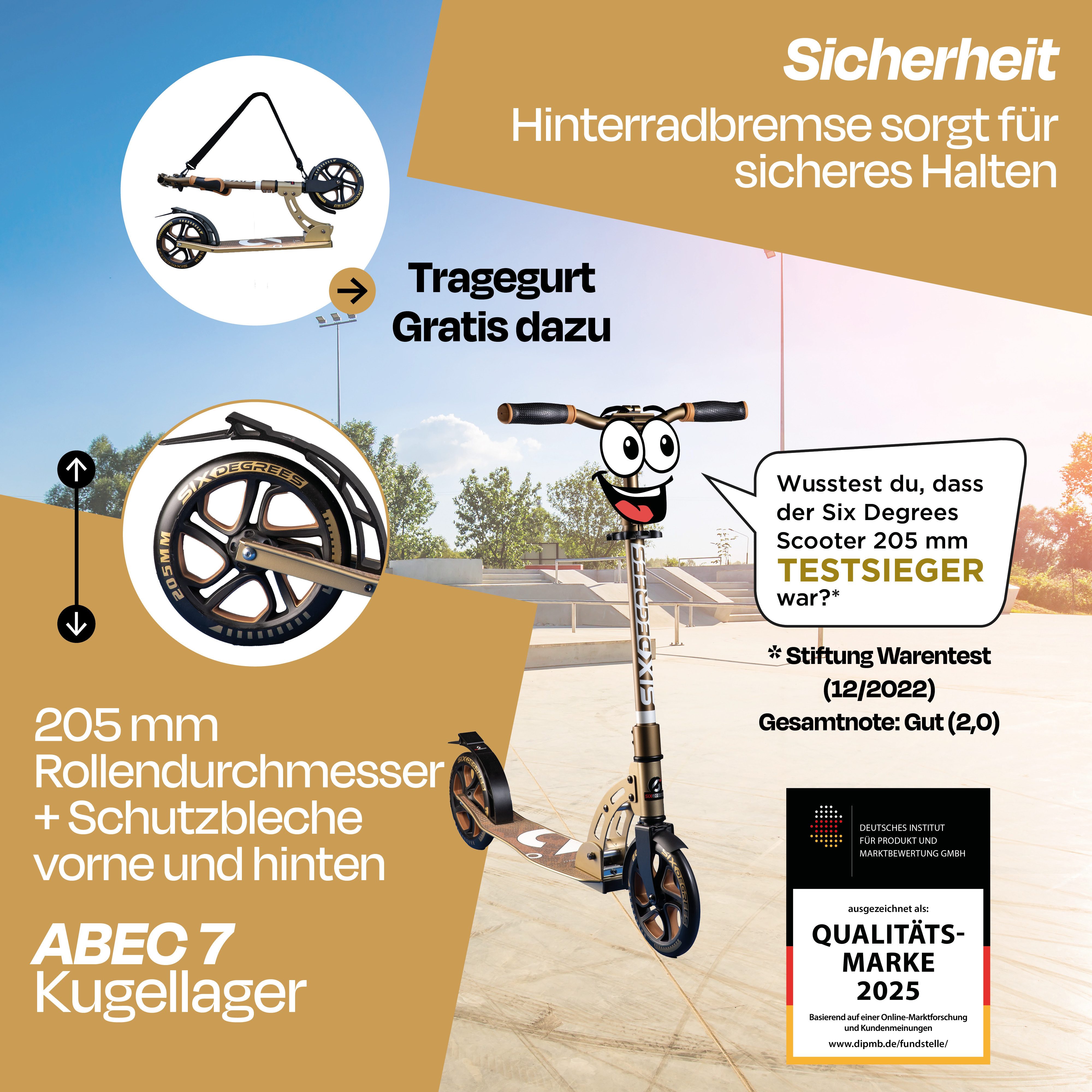 SIX DEGREES Cityroller aus Aluminium TESTSIEGER, Klappmechanismus, Ständer 205 mm PRIME, TESTSIEGER Stiftung Warentest
