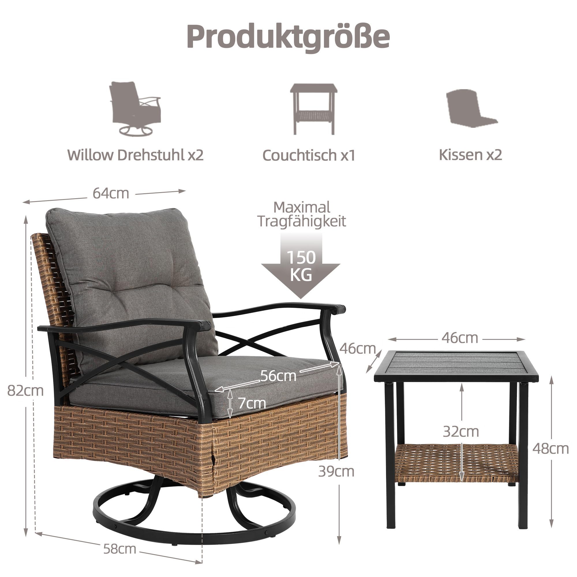 LVHOM Balkonset Outdoor-Loungeset, PE-Rattan Schaukelstuhl, (360° Swivel schwenkbar, 3-tlg. wetterfest, Gartenlounge-Set, Gartenbar-Set, Polstergarnitur, Schaukelsessel, 2 Sessel + Tisch, 150 kg Tragkraft, Grau), Ergonomische Sitzschalen, Schnell trocknende Polster