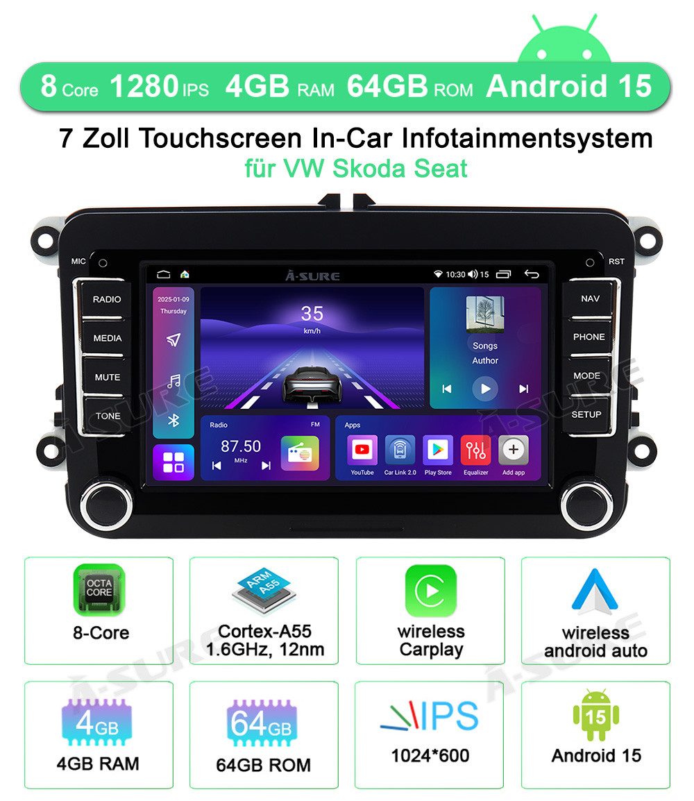 A-Sure 7" 8-Core Android 15 Carplay Für VW Golf 5 6 Passat Touran Caddy Jetta Autoradio (Digitalradio (DAB), FM, AM)