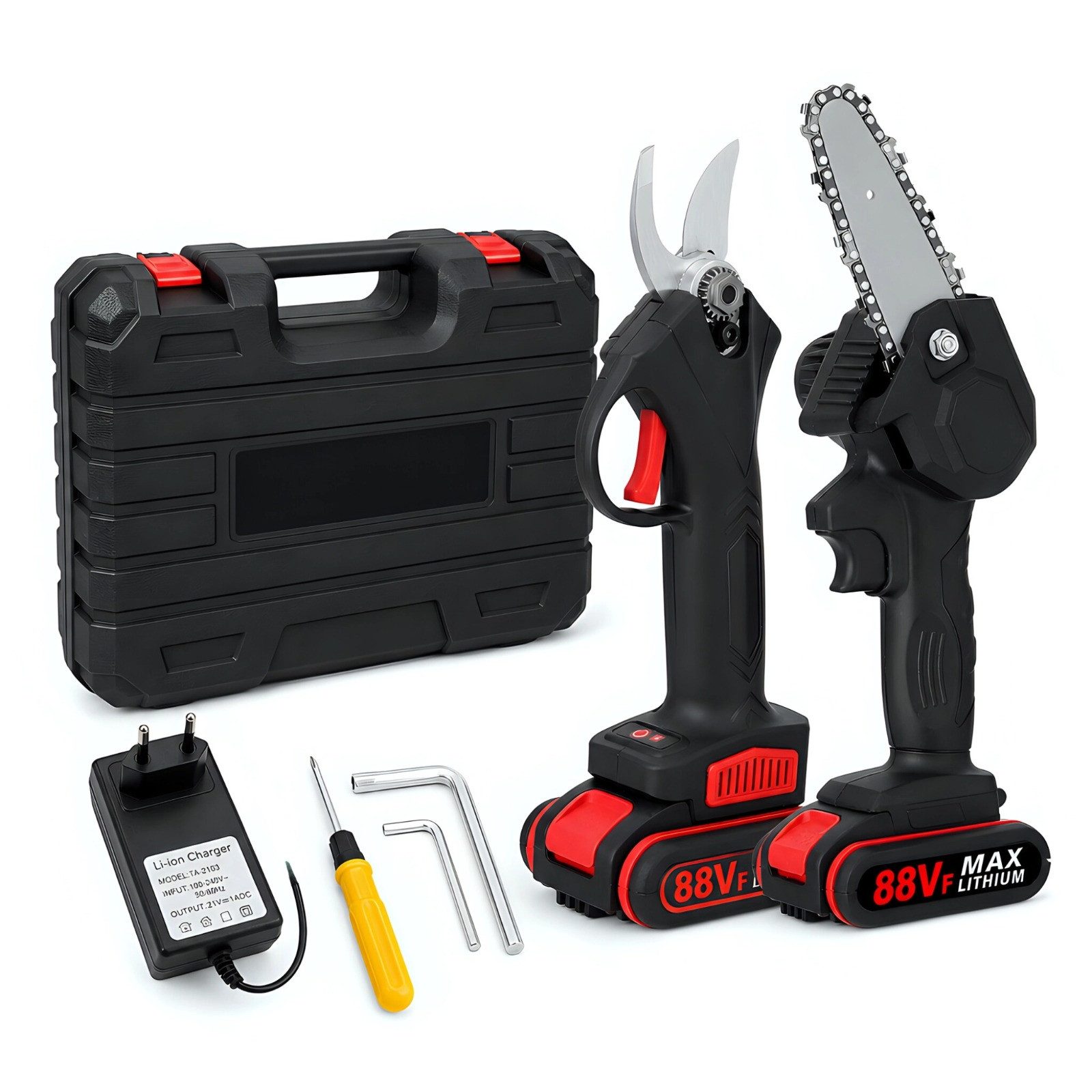 GARRYFIZH Akku-Astschere Professionelle Elektrische Gartenschere, 21V 25mm Akku-Gartenschere mit 4-Zoll-Kettensägen-Set