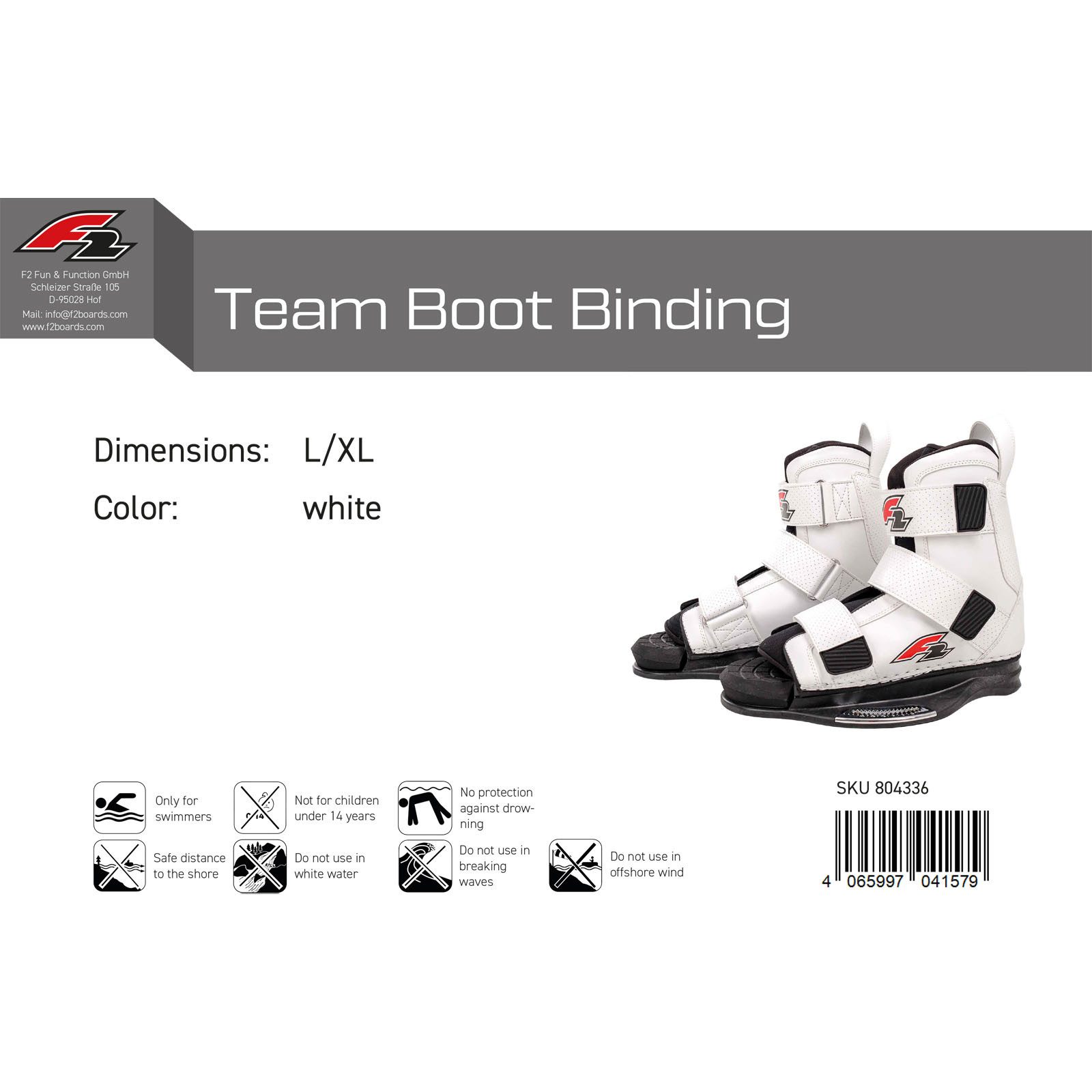 F2 Wakeboardbindung F2 Wake Bindung Team Boot Binding L/XL Weiss