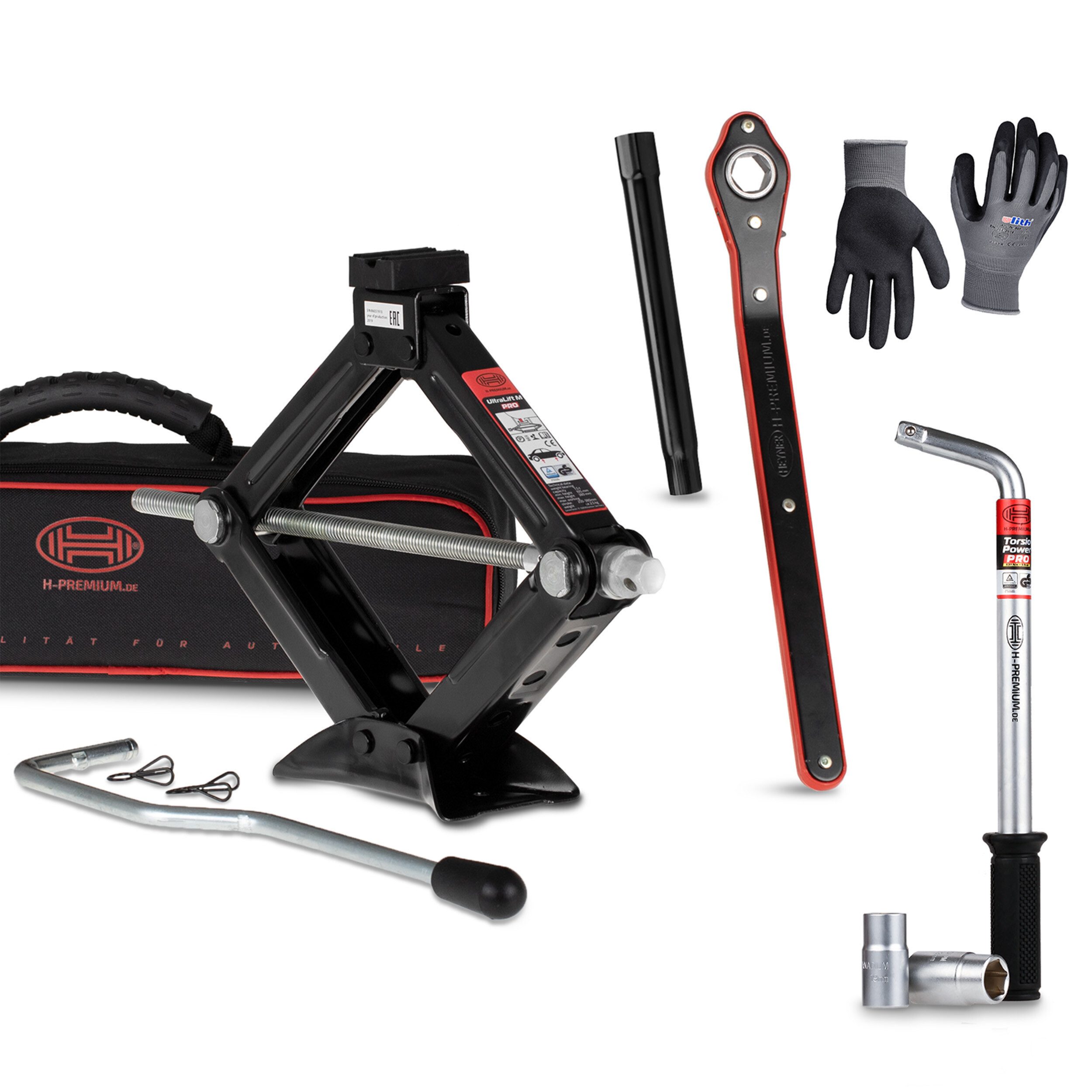 HEYNER Wagenheber Scherenwagenheber Set mit Radmutternschlüssel Handschuhen Bundle 1,5t, max. Hubhöhe: 38 cm, Set, 3-tlg., inkl. Radmutterschlüssel und Handschuhe