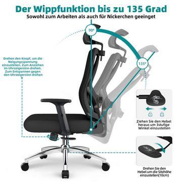 Lexzurn Bürostuhl Bürostuhl ergonomisch, Schreibtischstuhl 3D Memory-Schaum Lendenstütze (Wippfunktion bis 135°, Bis 200kg Belastbar, Atmungsaktiv Mesh), Höhenverstellbarer Chefsessel, Drehstuhl