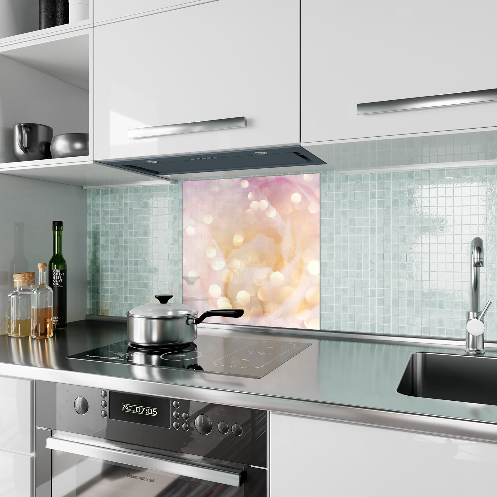 Küchenrückwand Spritzschutz Glas Küchenrückwand Primedeco mit Blüten Motiv Zarte von Aufnahme