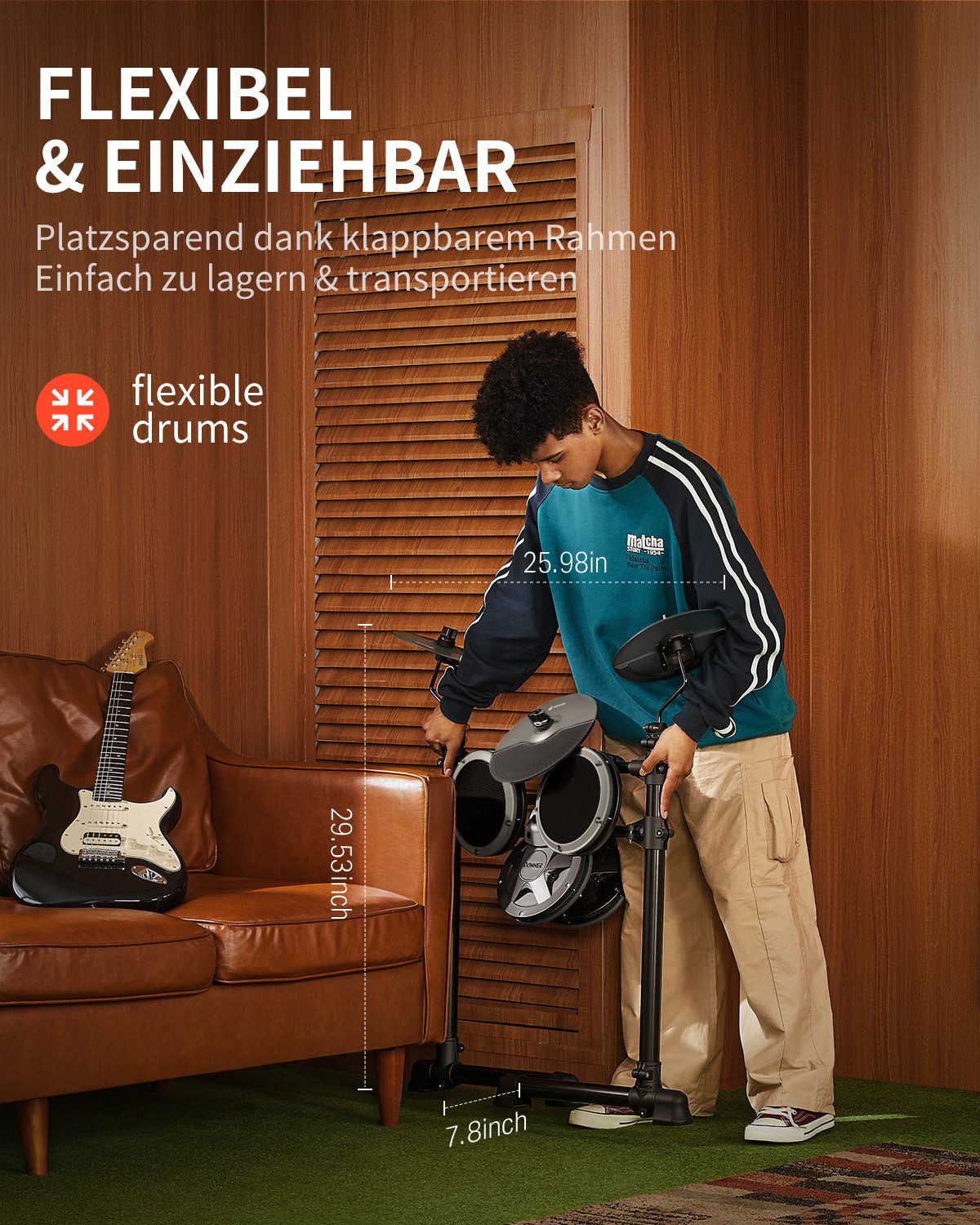 Donner E-Drum Elektronisches Schlagzeug mit 4 leisen Mesh-Pads DED-80,Ein komplettes E-Drum-Set, Kopfhörer/Sticks/Drumthron, 2 Pedale für leises Üben für Anfäng – Bild 5 von 5