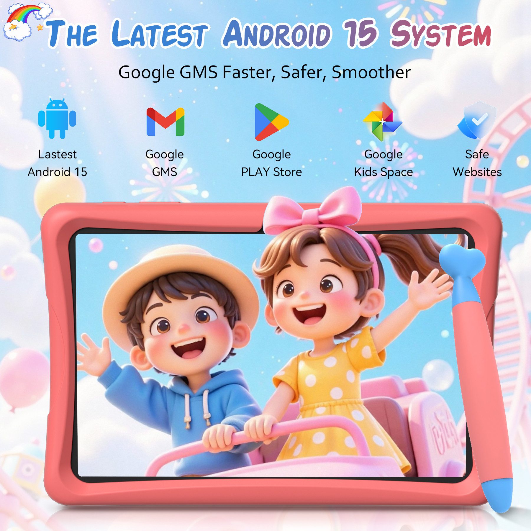TABWEE 10.1'' Kids Android 15 mit Stylus Tablet (64 GB, 5G wifi, Android 15, Google Kids Space, Gemini AI, mit Stift)