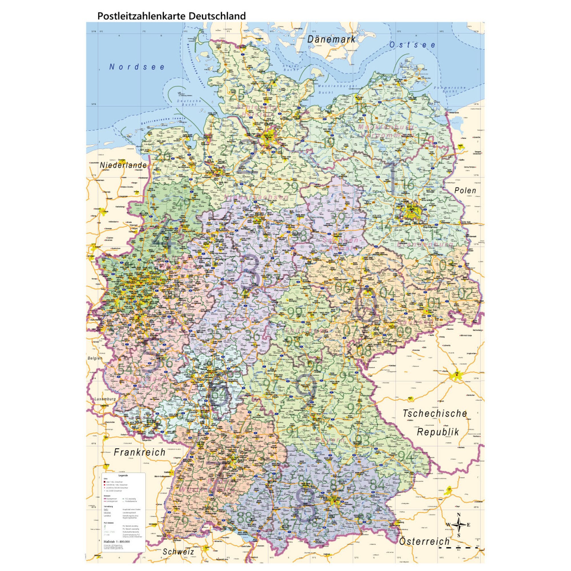 GeoMetro Wandbild GeoMetro Landkarte Deutschland politisch mit Postleitzahlen PLZ (84 x