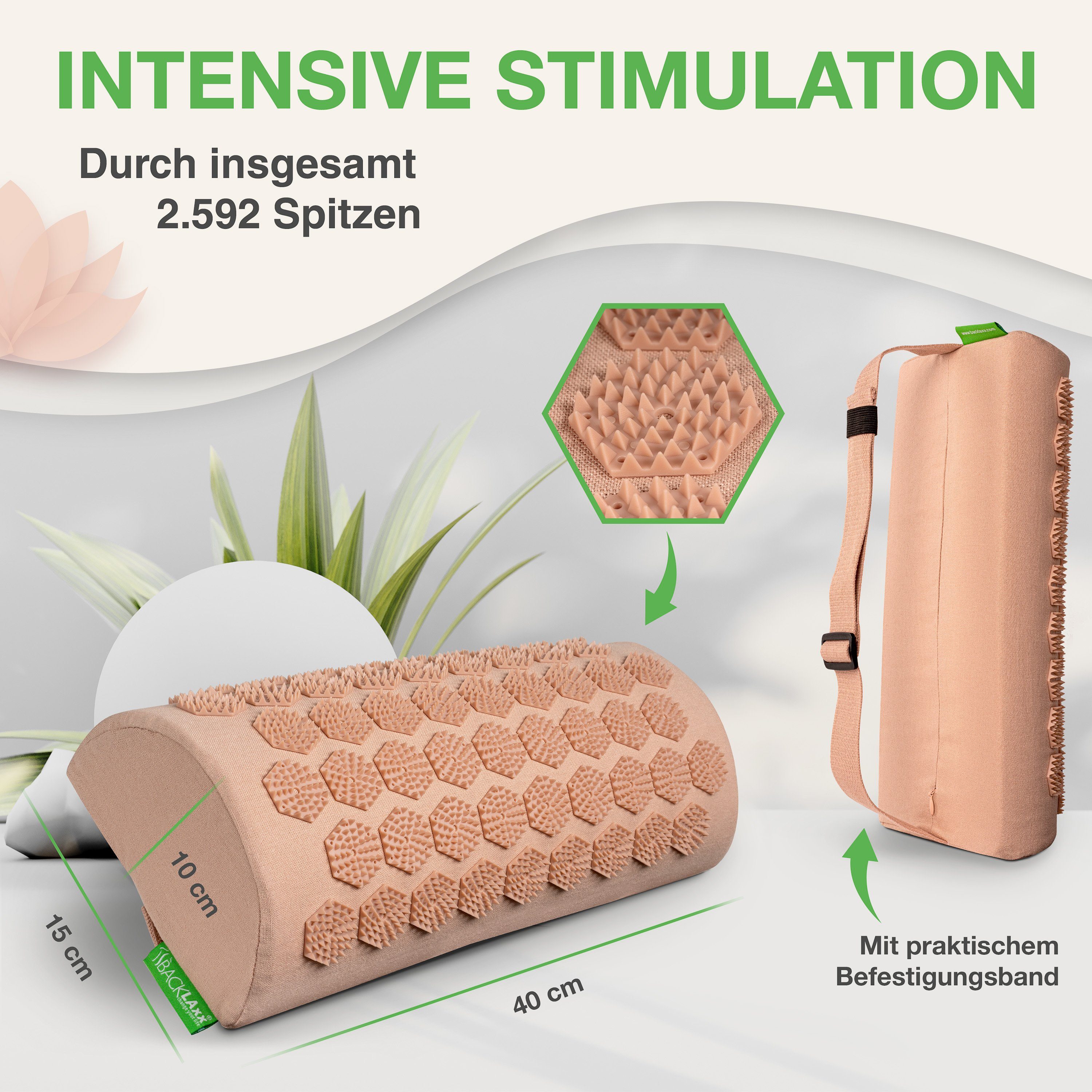BACKLAxx® Nackenrolle Akupressur Nackenkissen, Akupressur Nackenrolle Set, mit 2592 Spitzen inkl. Videoguide, mit Befestigungsband für Büro Reise