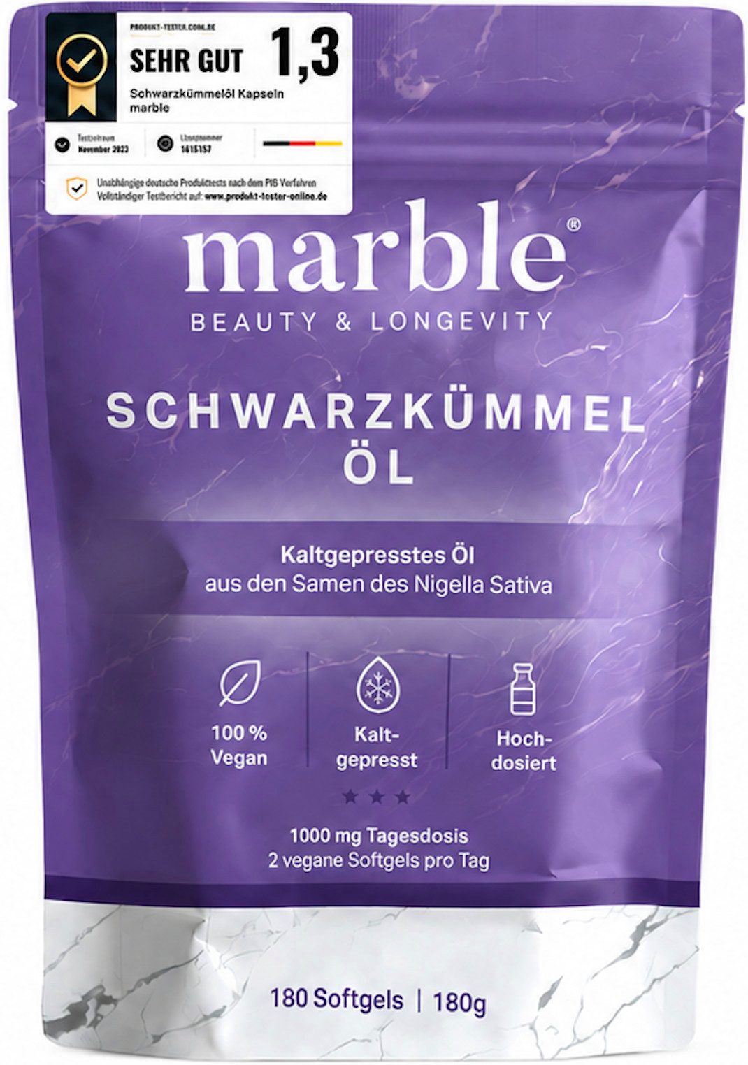 Marble Schwarzkümmelöl 100 % kaltgepresst & hochdosiert + vegan - marble® Softgel Kapsel, 1 er 180 St., 180 g