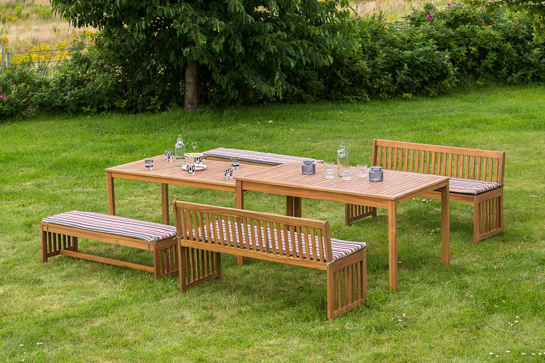 Gartenmöbel Ambiente Garten-Essgruppe Tornio Gartenmöbelset, (10tlg. Set, 4 Bänke, 2 Tische, inkl. Auflagen, ineinander verstaubar), inkl. Auflagen, verlängerbarer Tisch