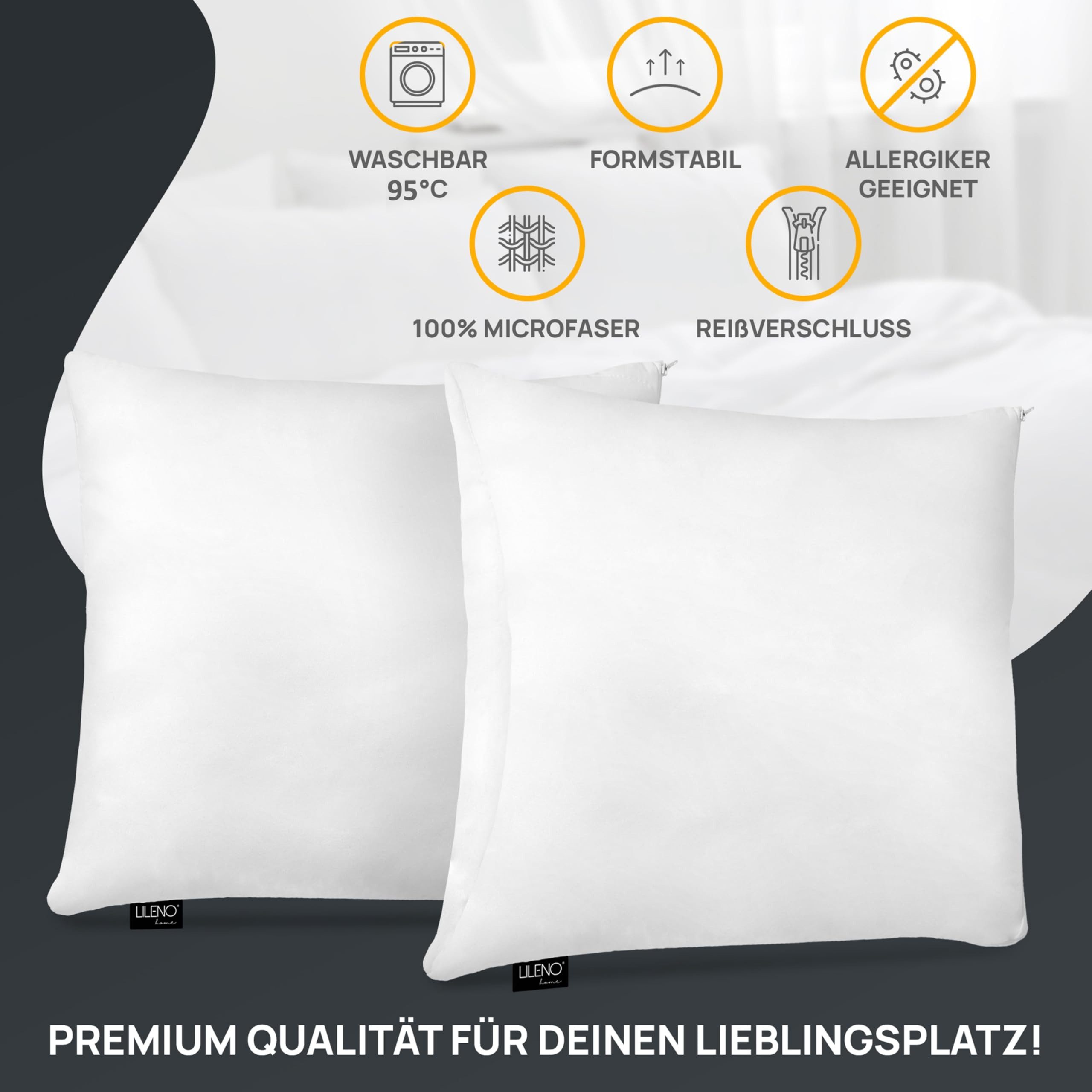 LILENO HOME Microfaserkissen - geeignet für Allergiker, in verschiedenen Größen - Made in Germany, Füllung: 100% Polyester, Rückenschläfer, Seitenschläfer, Bauchschläfer, Set, 1er Set, Kissen 40x40 cm mit Reißverschluss, als Bettkissen oder Dekokissen