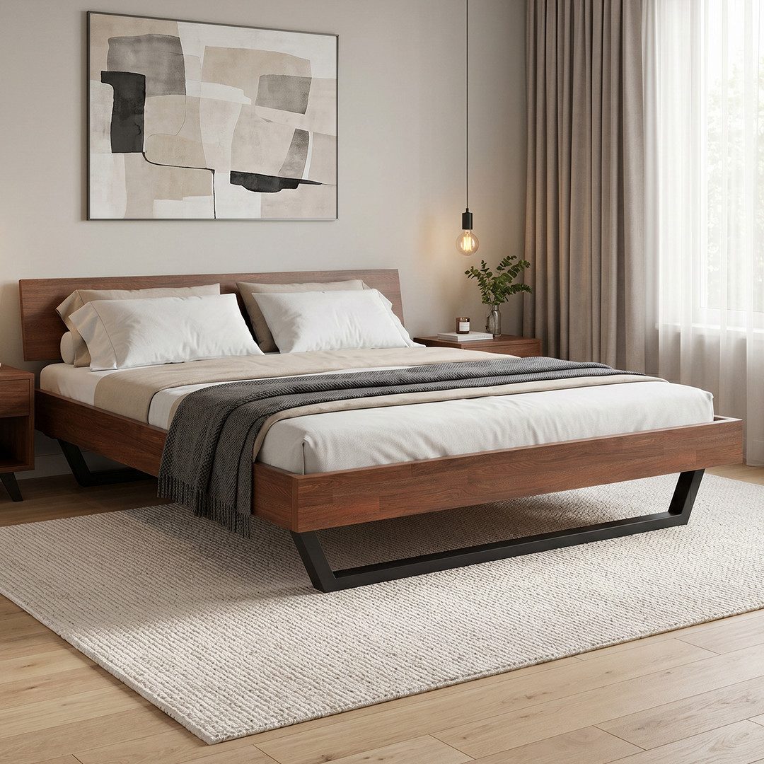 skølm Massivholzbett Alver mit Metallkufen, Bettgestell aus Massivholz geölt, walnuss geölt, verfügbar in 120/140/160/180 x 200 cm