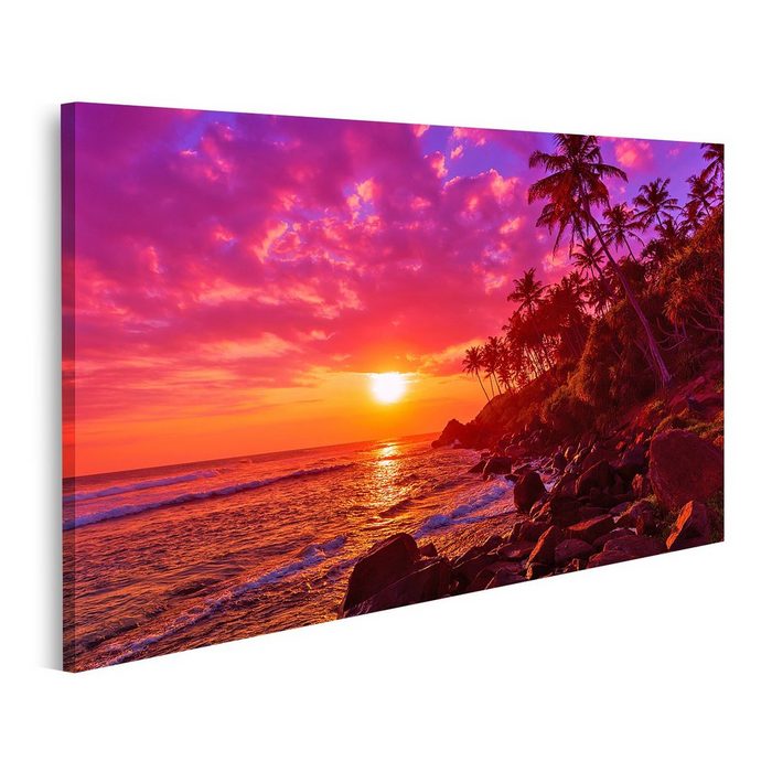 islandburner Leinwandbild Bild auf Leinwand Sonnenuntergang Am Tropischen Strand Mit Palmen Silh