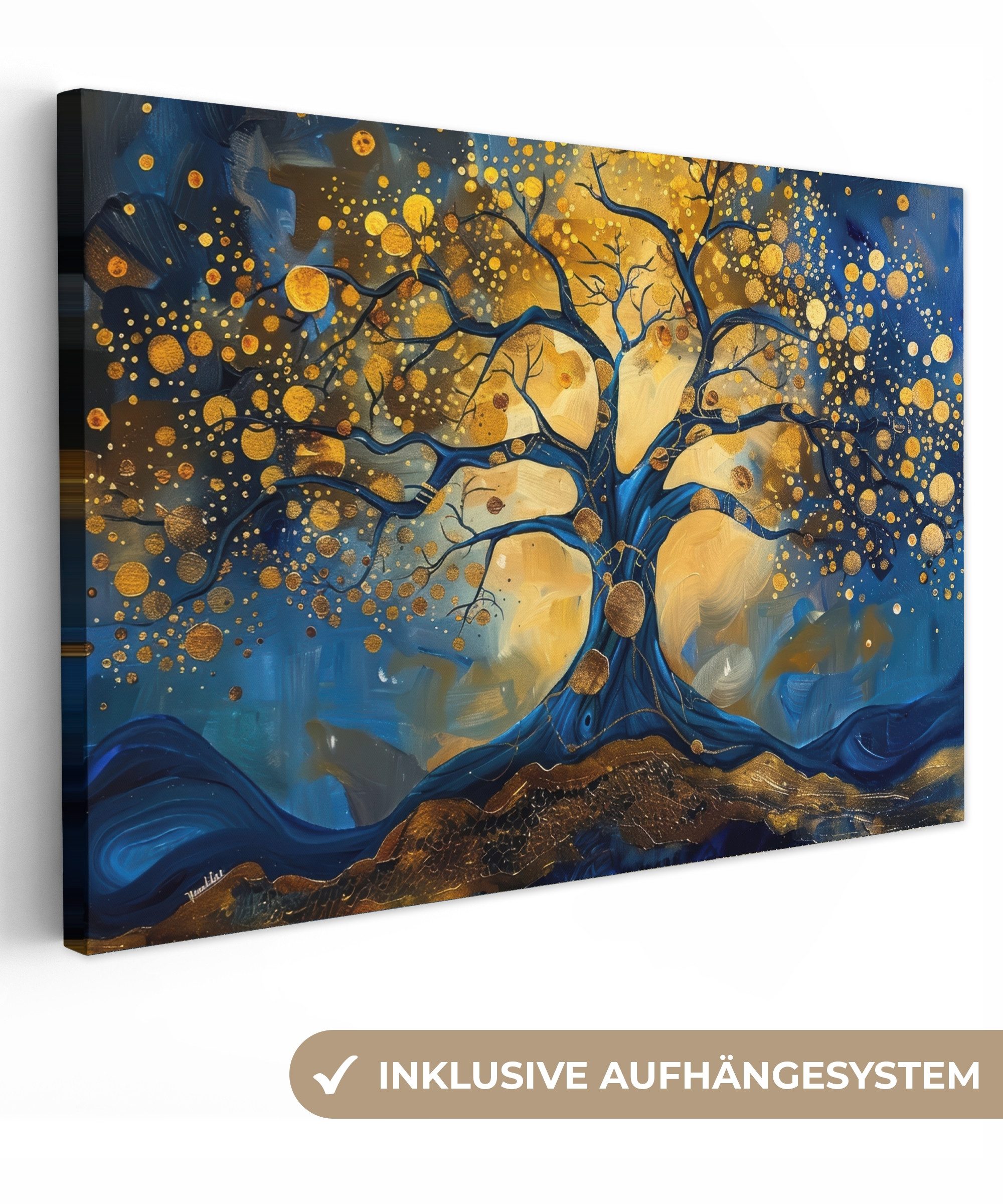 Leinwandbild Baum - Lebensbaum - Blau - Gold