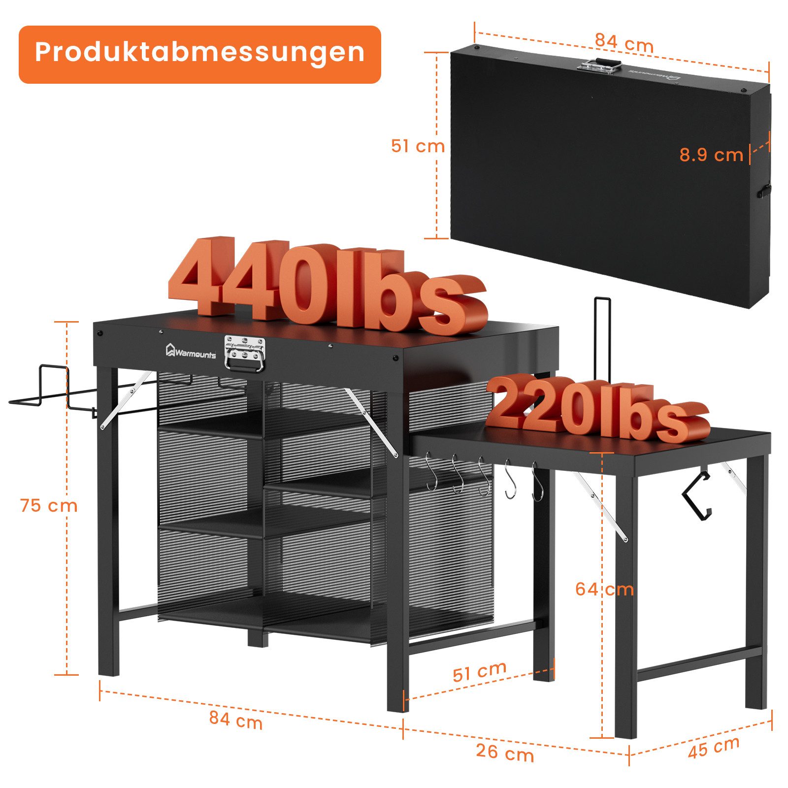 Warmounts Grillablagetisch 3-Etagen Multifunktional Grilltisch Service-Tisch Klappbar 110x45x75cm (Gartentisch BBQ Grilltisch mit Arbeitsplatte und Staufächern, – Bild 4 von 5