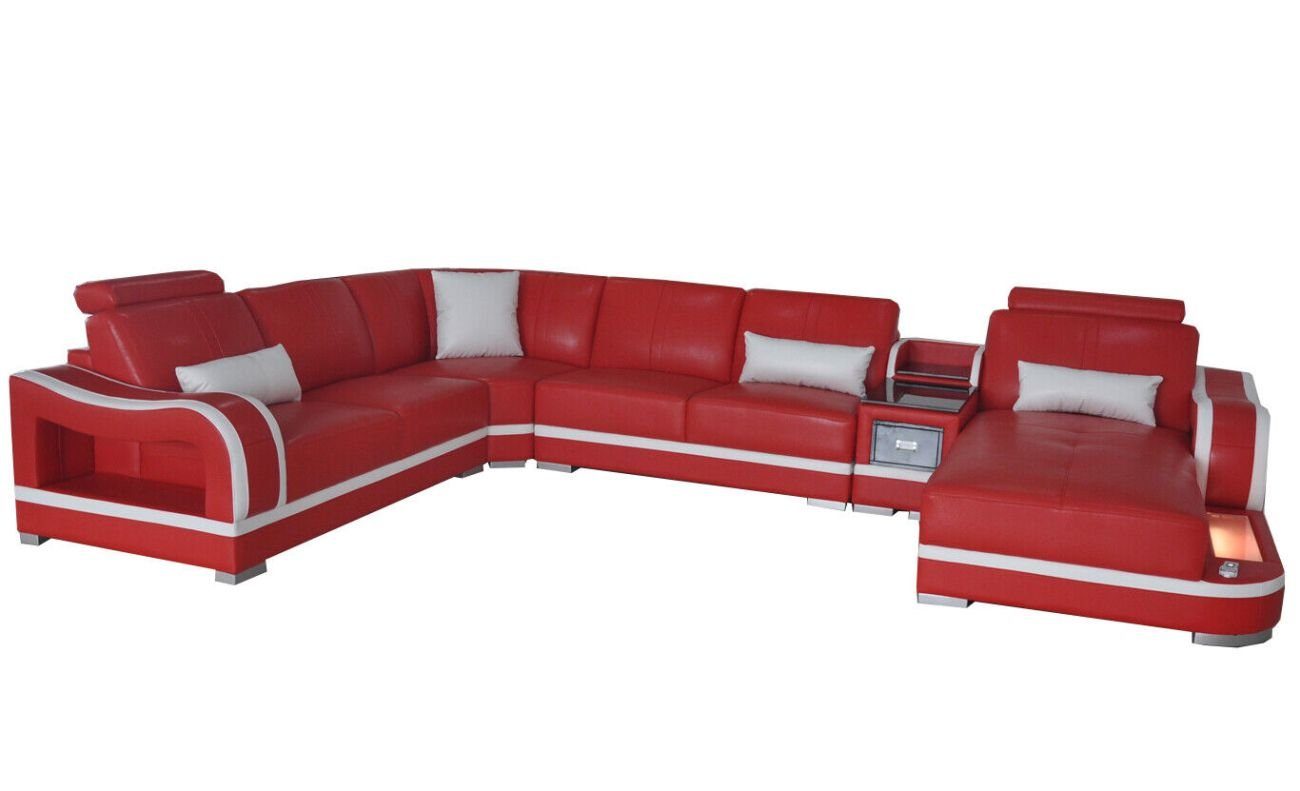 JVmoebel Ecksofa Ledersofa USB Couch Wohnlandschaft Garnitur Modern Ecke Sofa U Form Rot