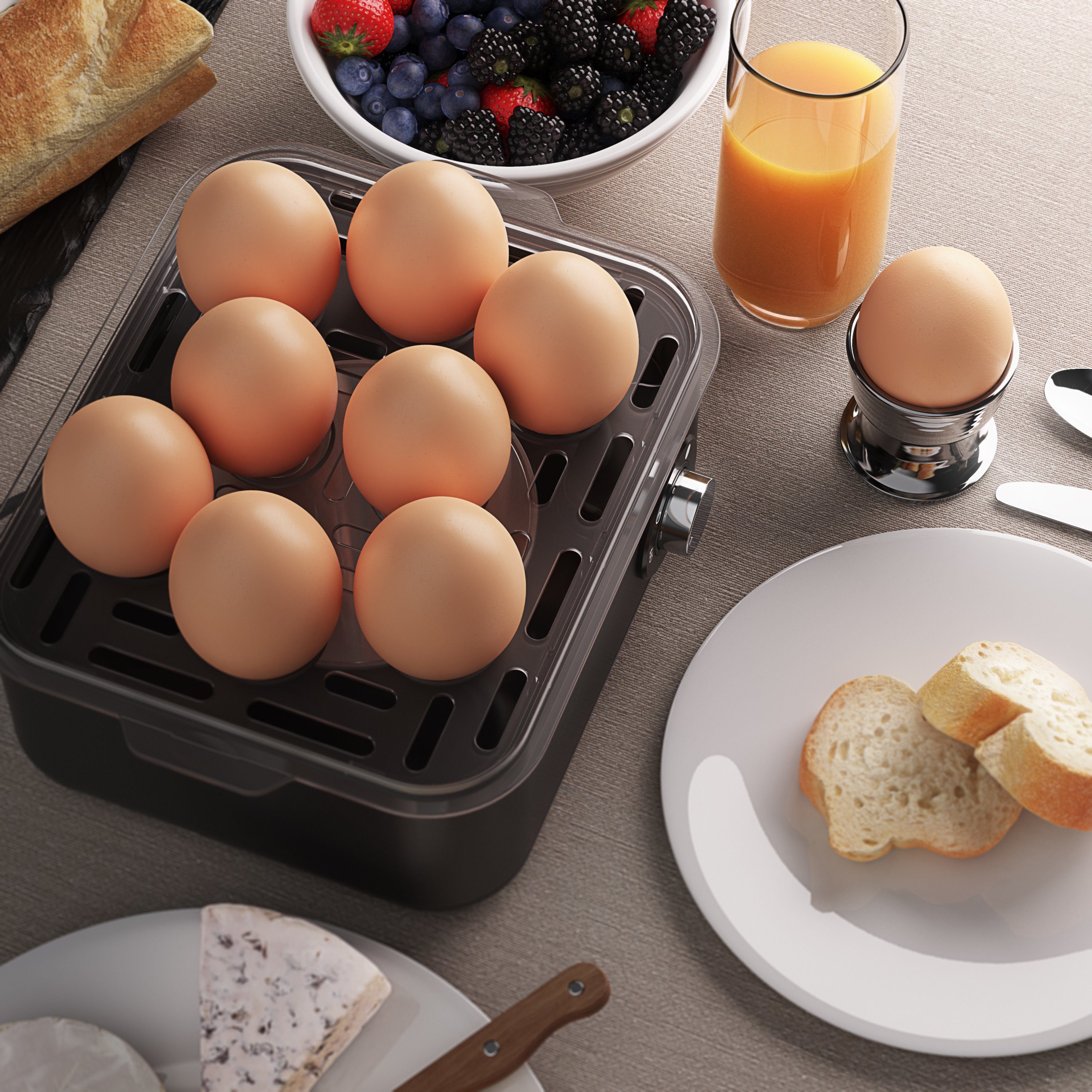 Arendo Frühstücks-Set (2-tlg), 1,5l Eierkocher, mit Wasserkocher & Temperaturwahl Edelstahl, Grau