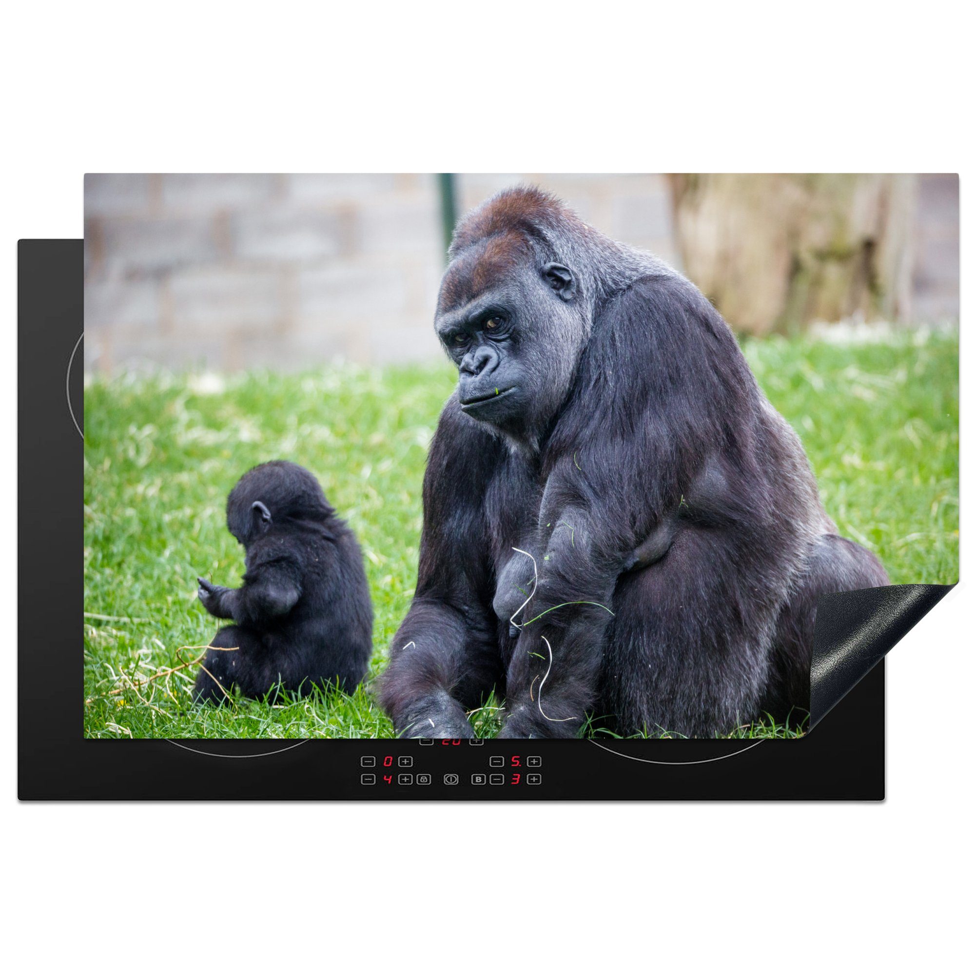 MuchoWow Herdblende-/Abdeckplatte Ein großer Gorilla mit seinem Baby, Vinyl, (1 tlg), 81x52 cm, Induktionskochfeld Schutz für die küche, Ceranfeldabdeckung