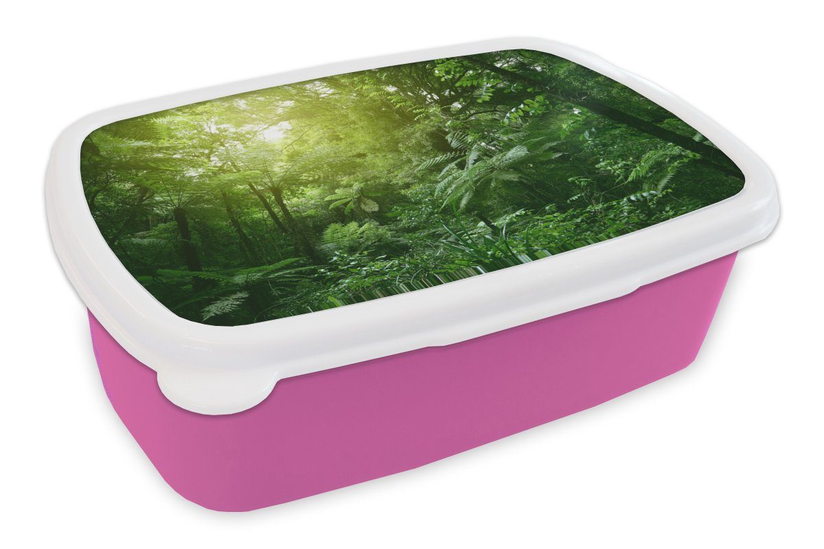 MuchoWow Lunchbox Dschungel - Pflanzen - Blätter - Jungen - Mädchen - Kinder, Kunststoff, (2-tlg), Brotbox für Erwachsene, Brotdose Kinder, Snackbox, Mädchen, Kunststoff rosa