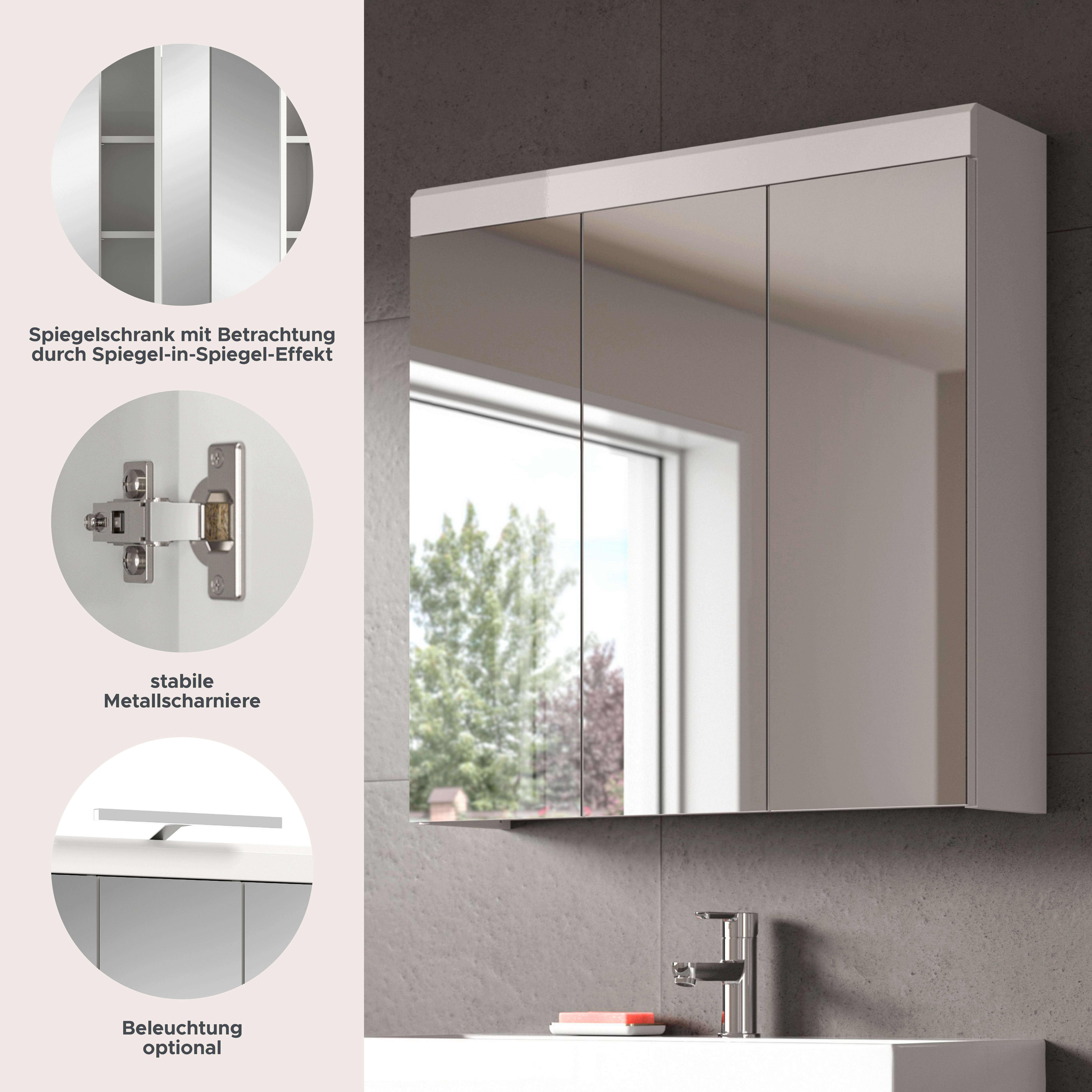 welltime Badezimmerspiegelschrank SIENA, Breite 80 cm, 3 Spiegeltür, 6 Einlegeböden, 9 Fächer (TOPSELLER!, Türanschlag der mitteleren Tür wechselbar) Badmöbel, Badschrank, Schrank, Bad, Spiegel, Hängespiegel, Badspiegel