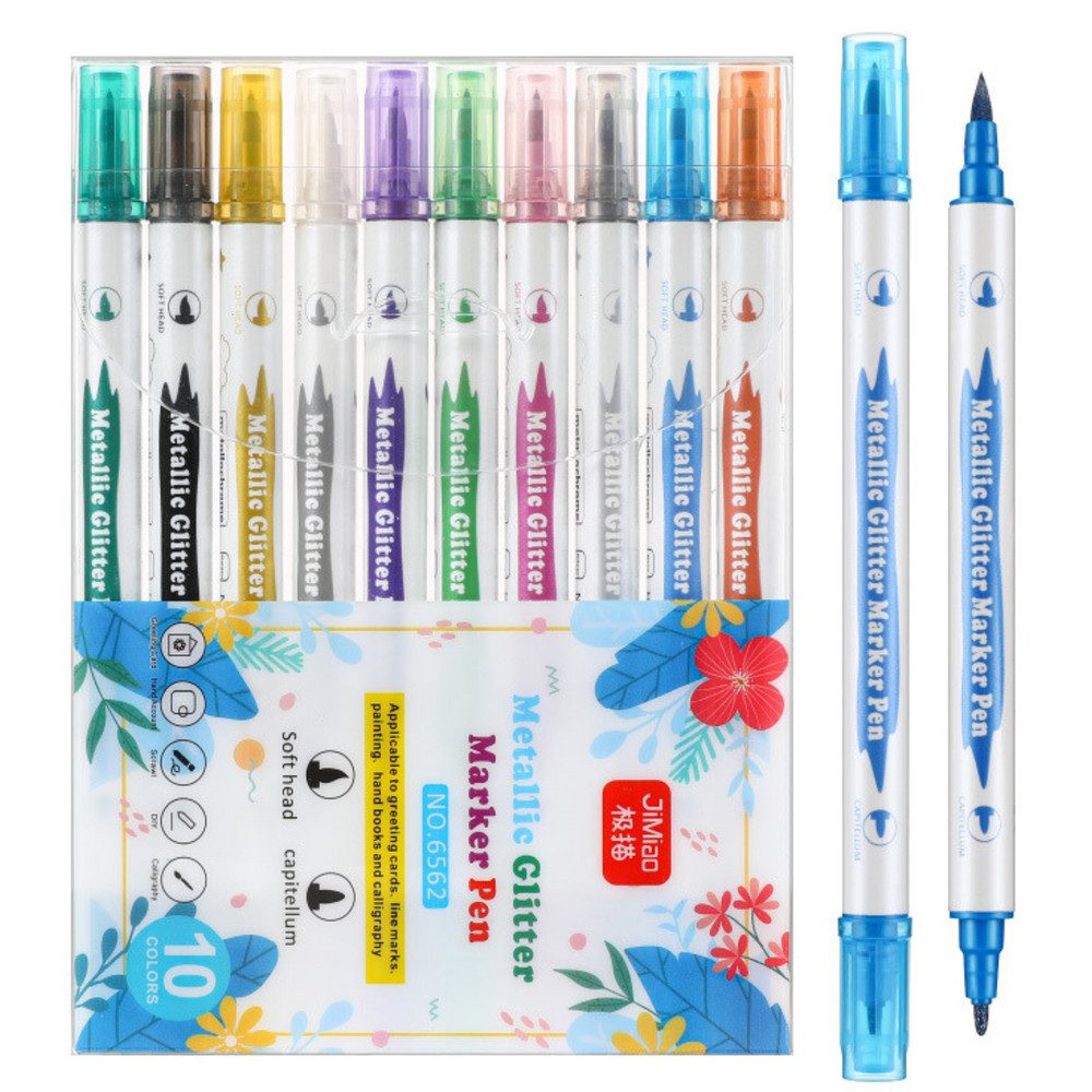 LEAN TOYS Marker Glitzerstifte Bastelstifte Kalligrafiestifte, (Spar-Set, 10-tlg., 10 Farben doppelseitig), doppelseitig, metallic, Glitzer, schnelltrocknend