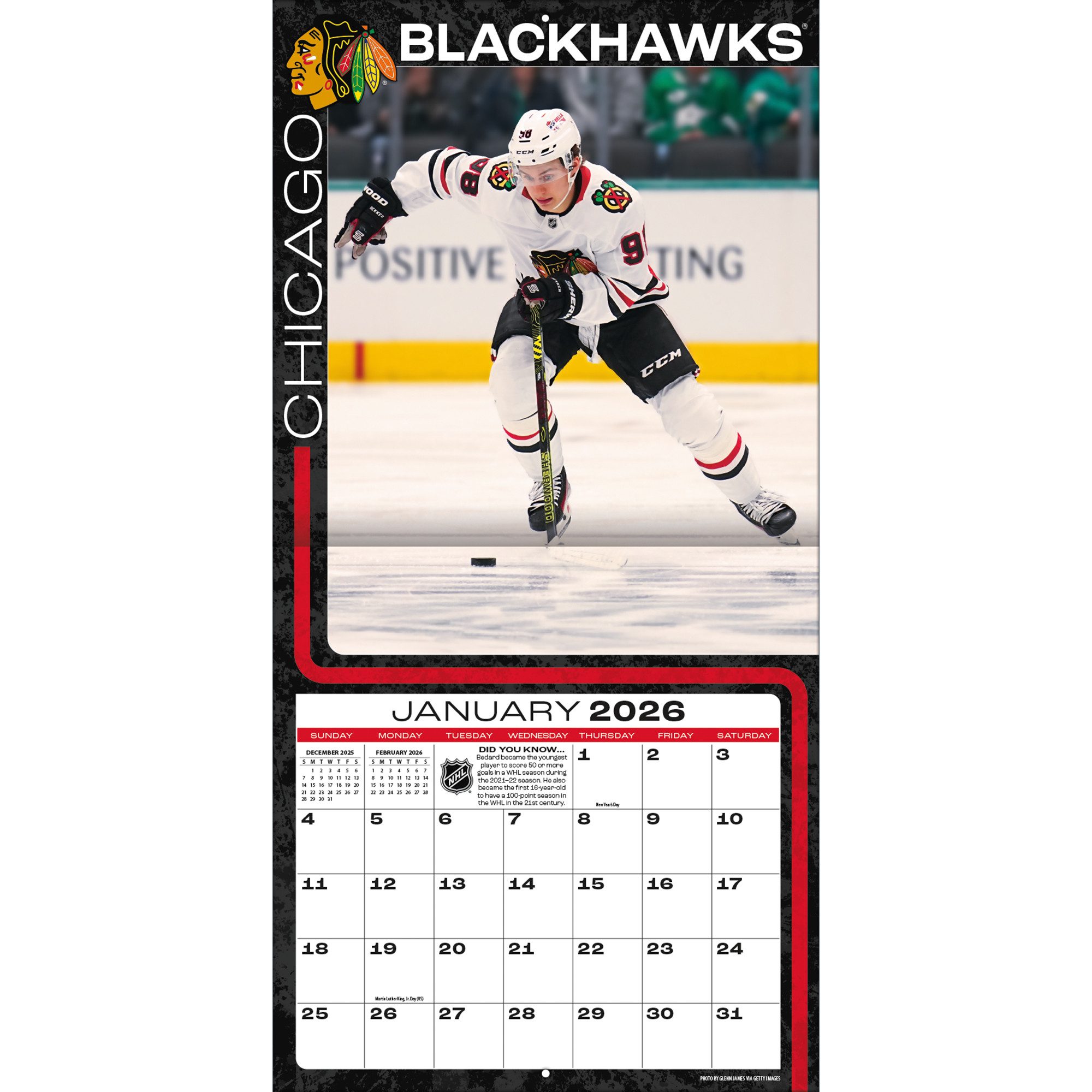 Turner Wandkalender Chicago Blackhawks Connor Bedard NHL 30,5x30,5 cm Wandkalender 2026, 12- Monats- Format, Zusatzseite Januar - Dezember 2024