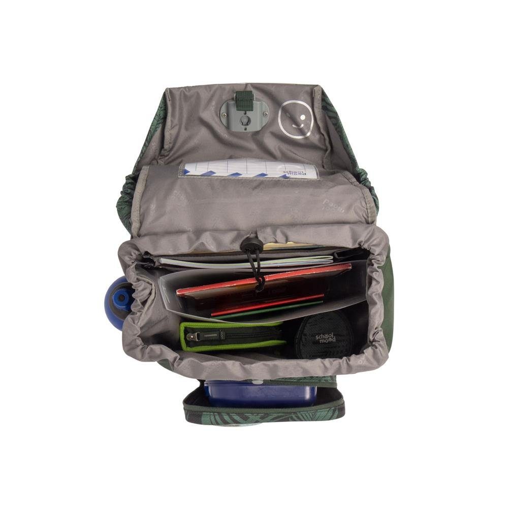 SCHOOL-MOOD® Schulranzen Rebel Air+ Daniel Dinosaurier (Set, 8-tlg., inkl. Turnbeutel, Etui, Schlamperrolle, Brustbeutel, Brotdose, Patchy-Set (3-tlg), Grün, leichter Ranzen für Grundschule