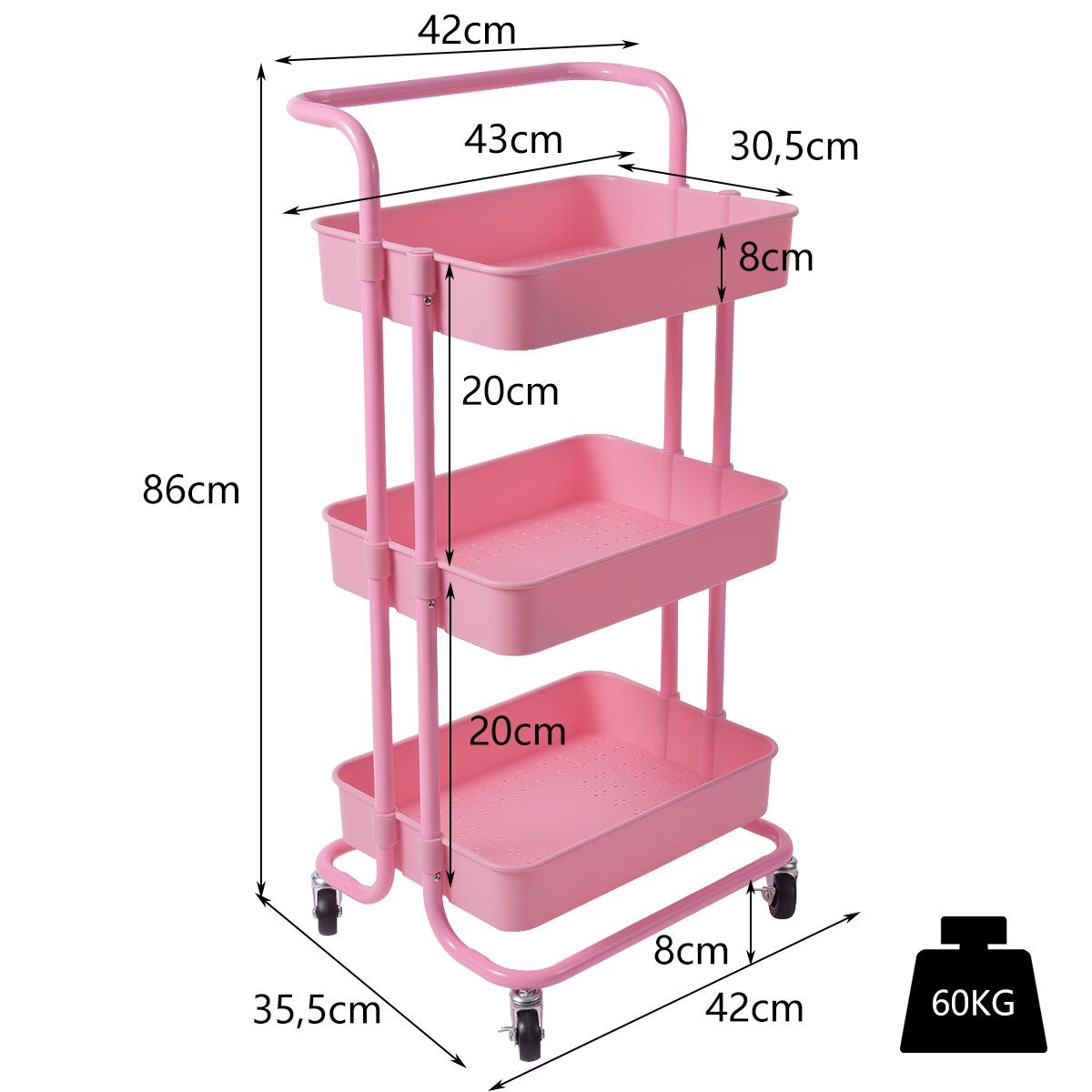 COSTWAY Servierwagen, Küchenwagen mit Rollen, 3 Regale, Metallrahmen