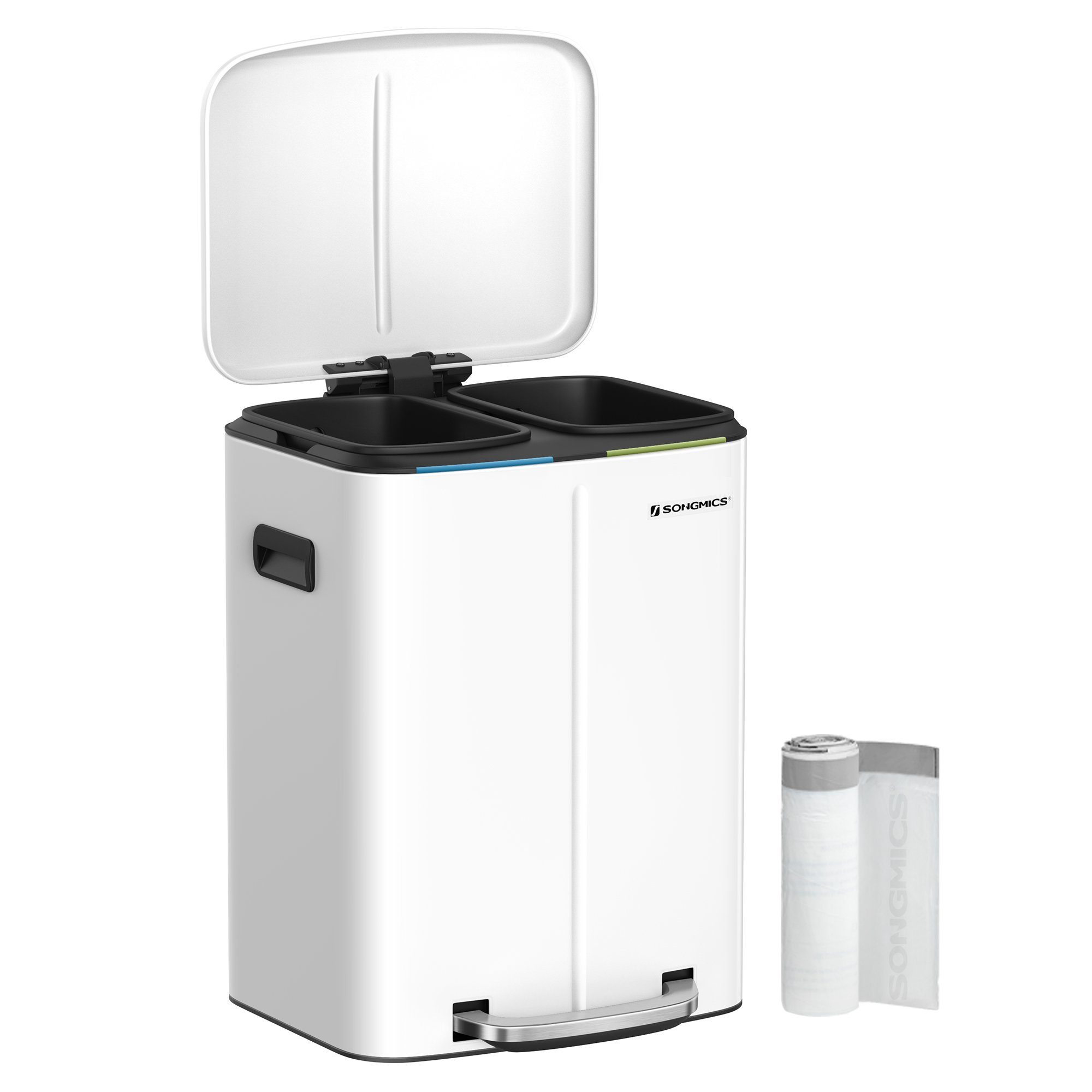 SONGMICS Mülleimer Küche, 2 x 20 L, Mülltrennsystem 2 Fächer, Treteimer, geruchsdicht, Abfalleimer Metall, Inneneimer aus Kunststoff, Softclose, weiß