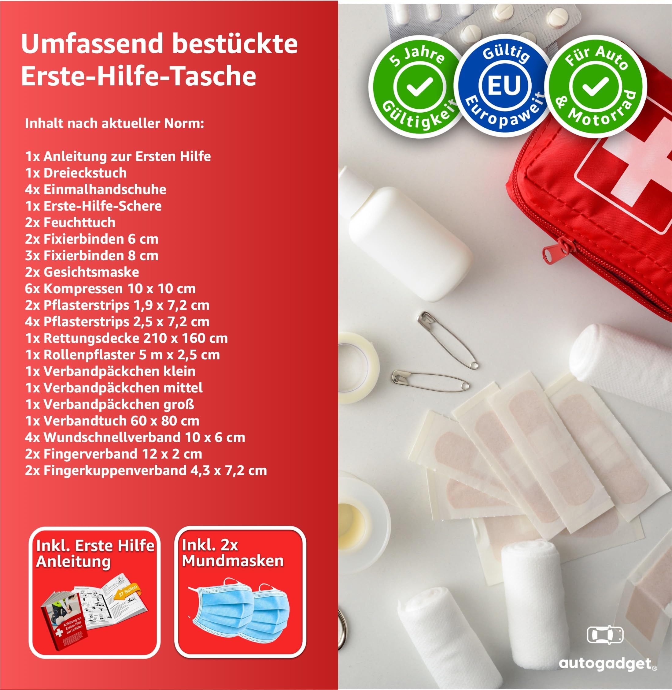 autogadget® KFZ-Verbandtasche Auto Verbandskasten Erste Hilfe - Norm 2026 - DIN 13164 Pflaster, inkl. Anleitungsbuch