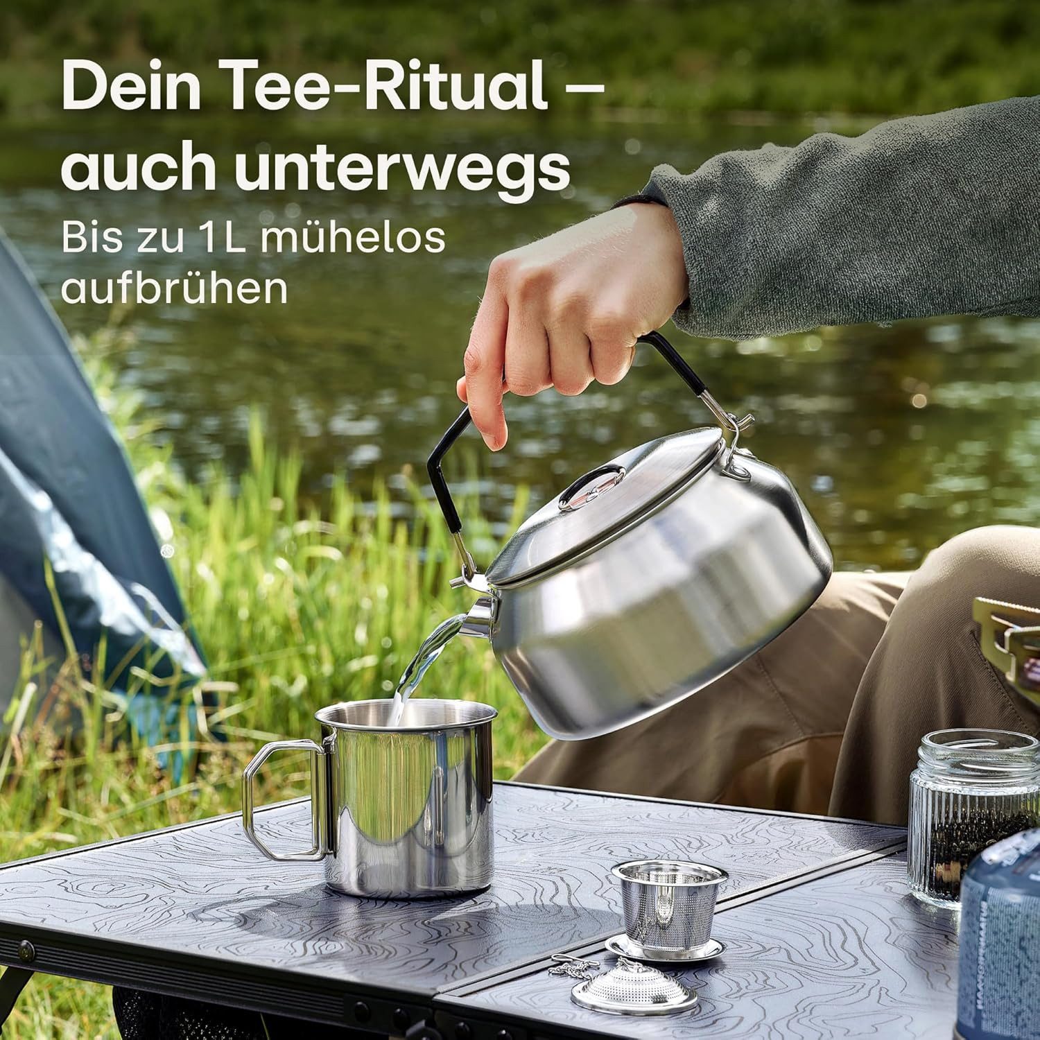 Praknu Reise-Wasserkocher Camping Wasserkocher Set 1L Edelstahl - Ohne Strom - Wasserkessel, 1 l, Stapelbar, kompakt, spülmaschinenfest, hitzebeständiger Griff